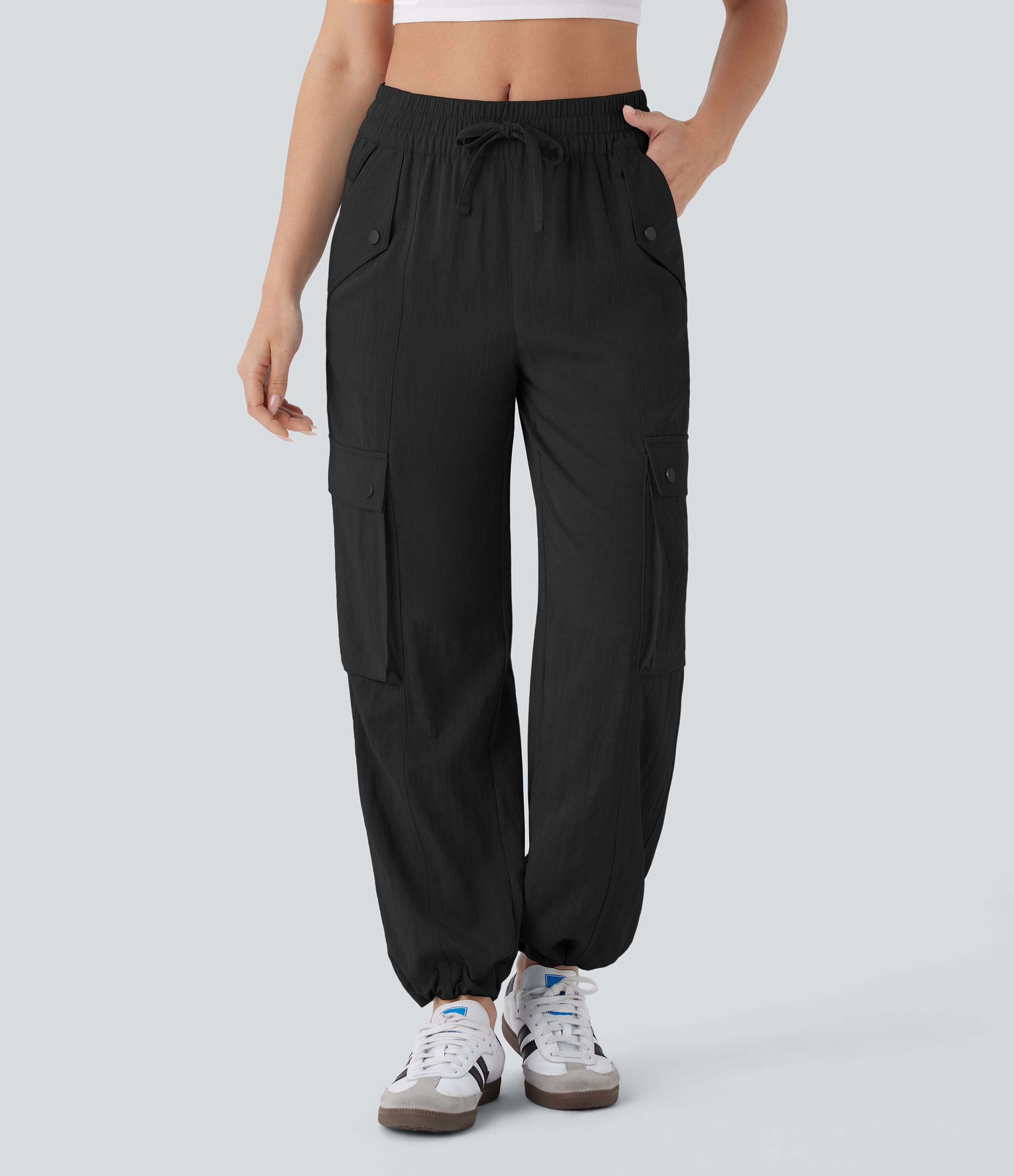 Halara Mid Rise Multiple Pockets Drawstring Hem Cargo Casual Pants  - Black - S(regular) 