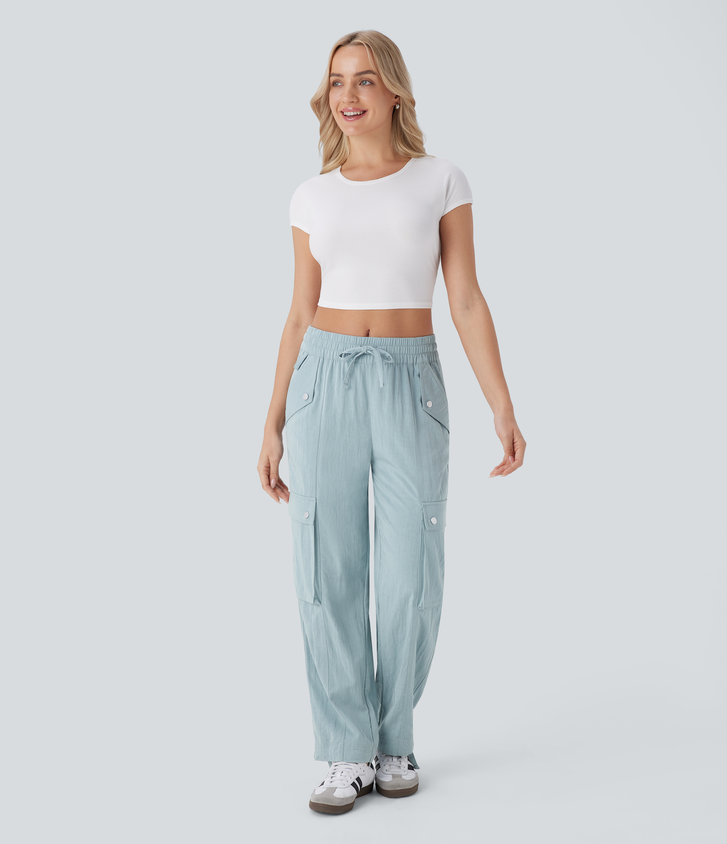 Halara Mid Rise Multiple Pockets Drawstring Hem Cargo Casual Pants  - Harbor Gray - XS(regular) 