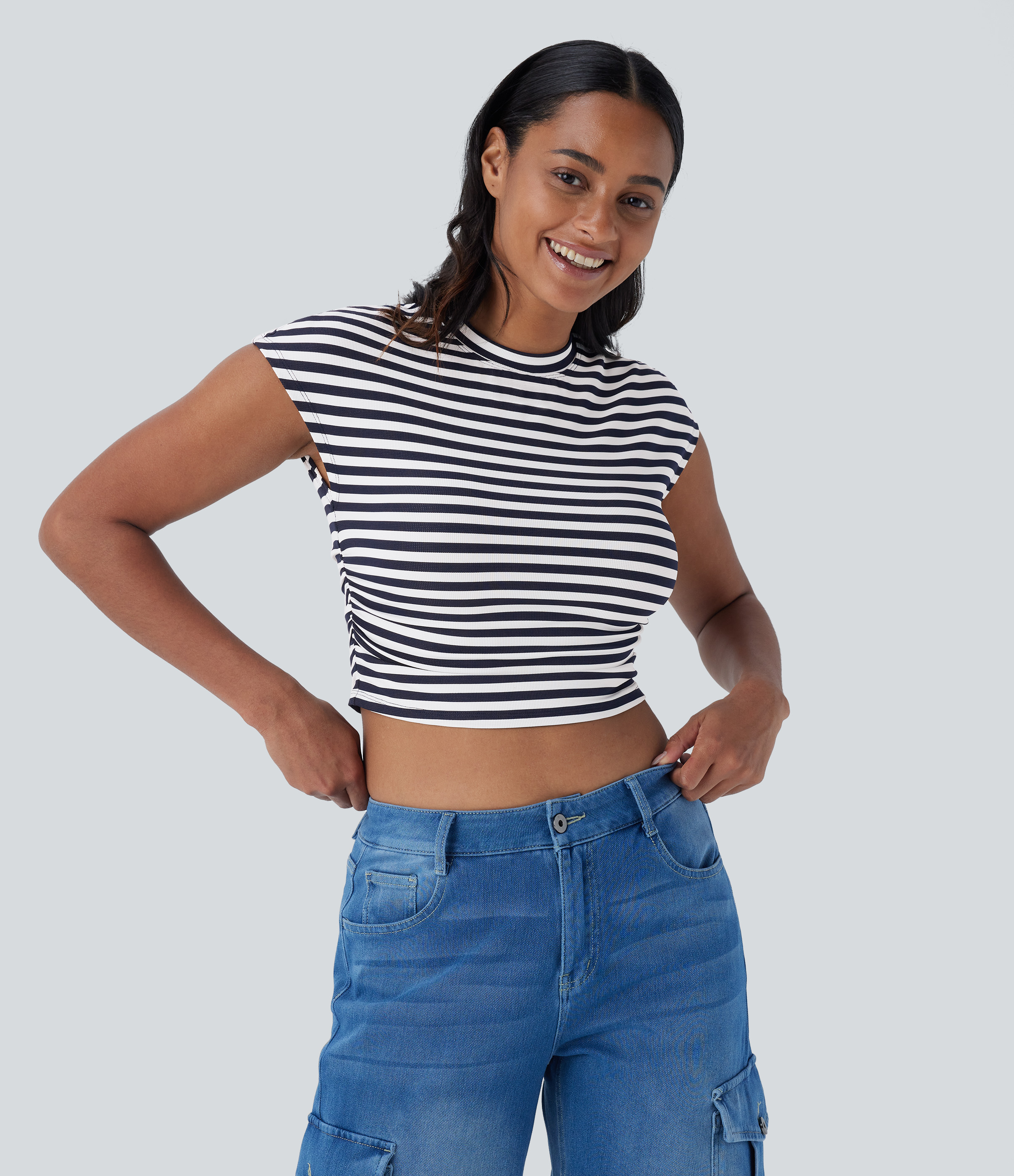 Halara Stripe Cap Sleeve Ruched Slim Cropped Waffle Casual Tee  - Blue White Horizontal Stripe - M 