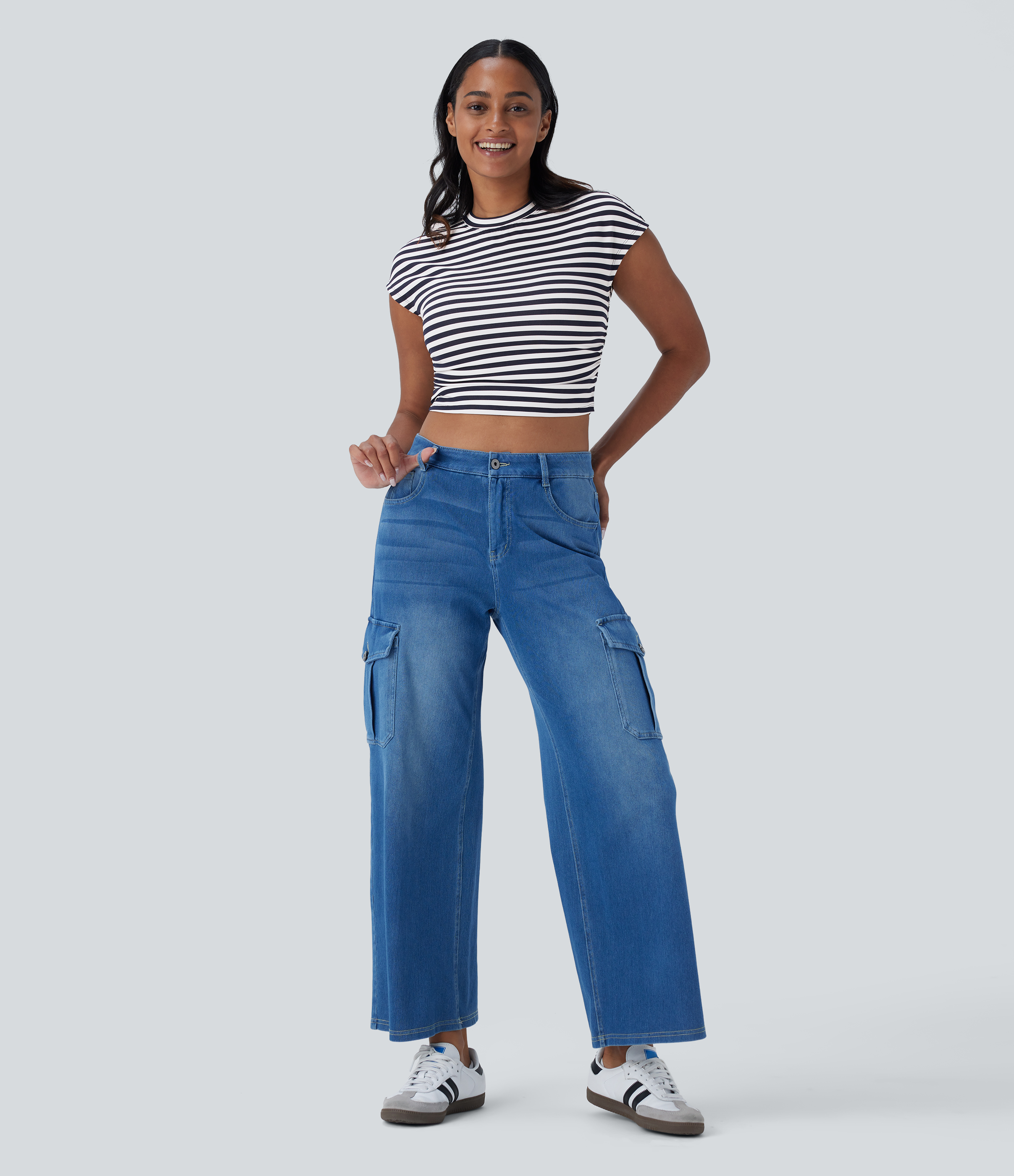 Halara Stripe Cap Sleeve Ruched Slim Cropped Waffle Casual Tee  - Blue White Horizontal Stripe - M 