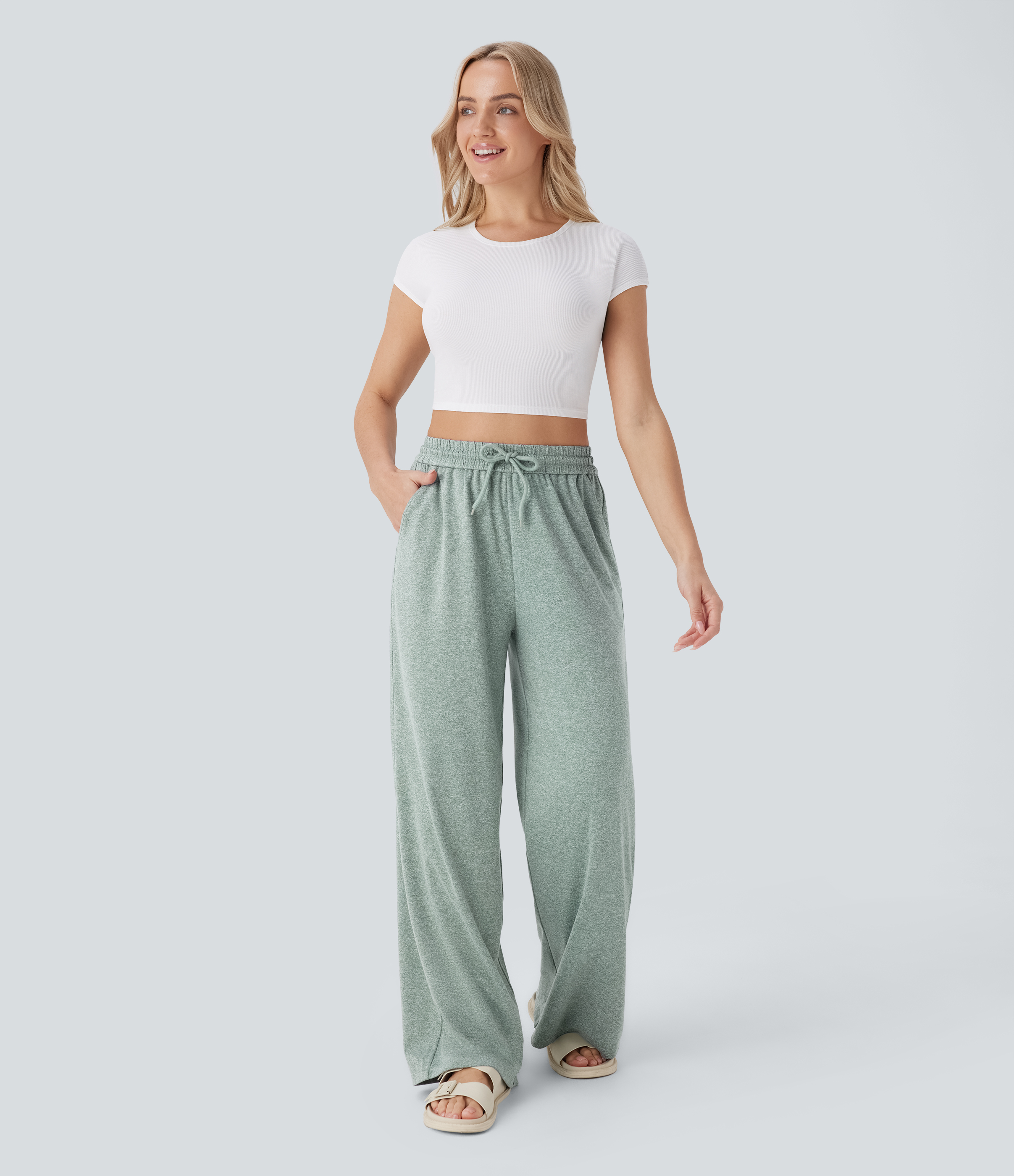 Halara High Waisted Drawstring Side Pocket Wide Leg Casual Pants  - Mottled Pine Green - XS(regular) sweatpants jogger pants 