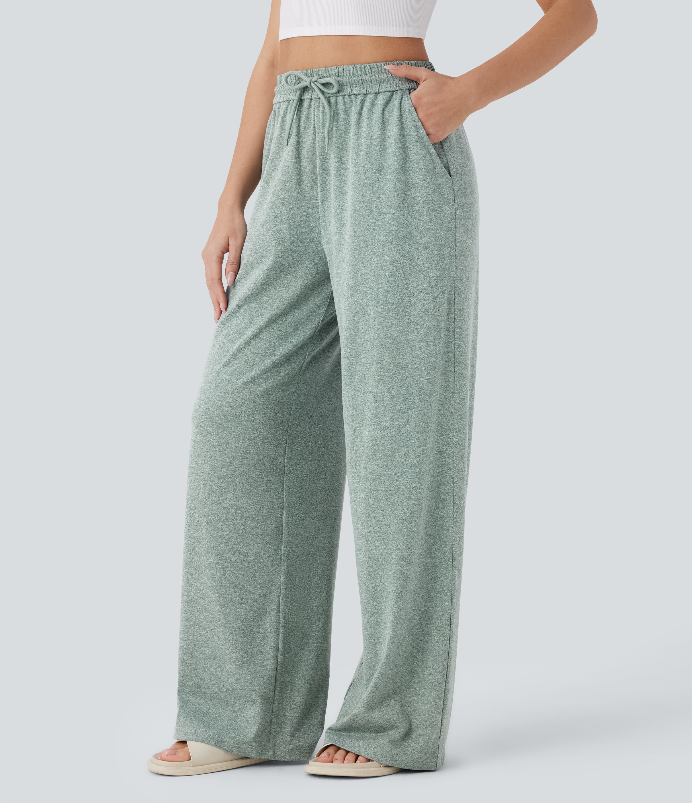 Halara High Waisted Drawstring Side Pocket Wide Leg Casual Pants  - Mottled Pine Green - XS(regular) sweatpants jogger pants 