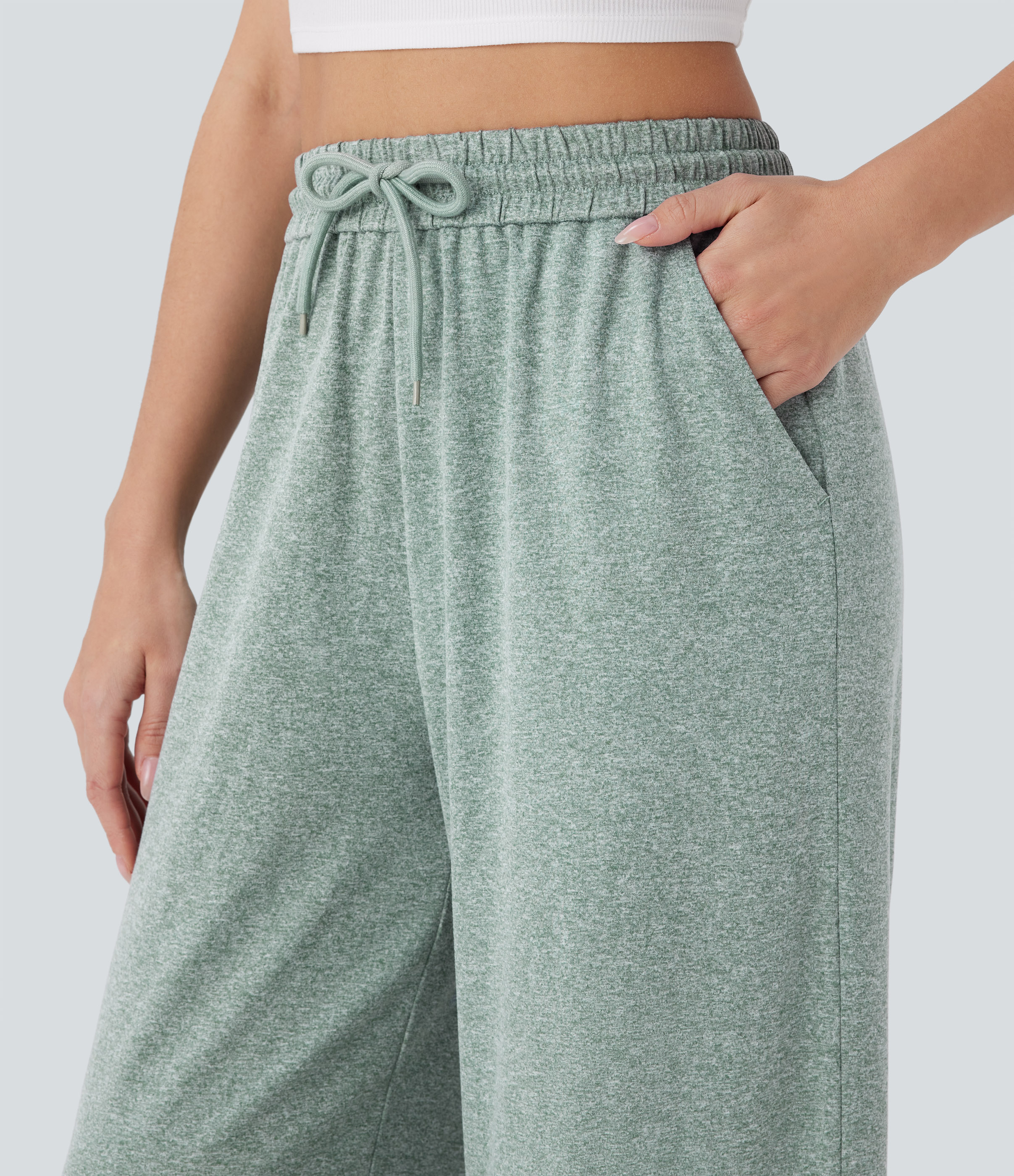 Halara High Waisted Drawstring Side Pocket Wide Leg Casual Pants  - Mottled Pine Green - XS(regular) sweatpants jogger pants 