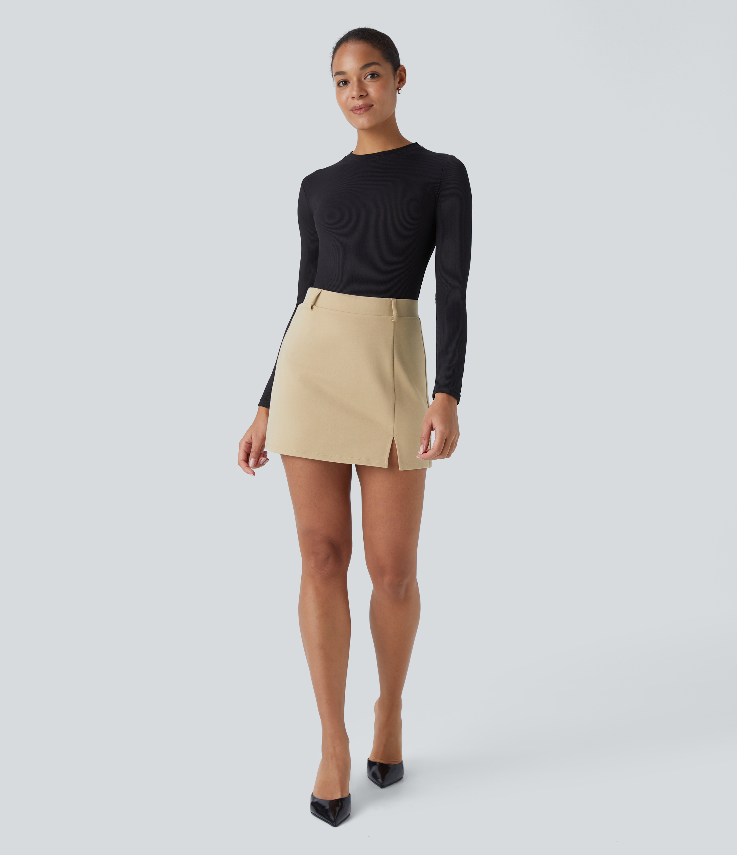 Halara High Waisted 2-in-1 Split Mini Work Skirt  - Pebble - XL(regular) 