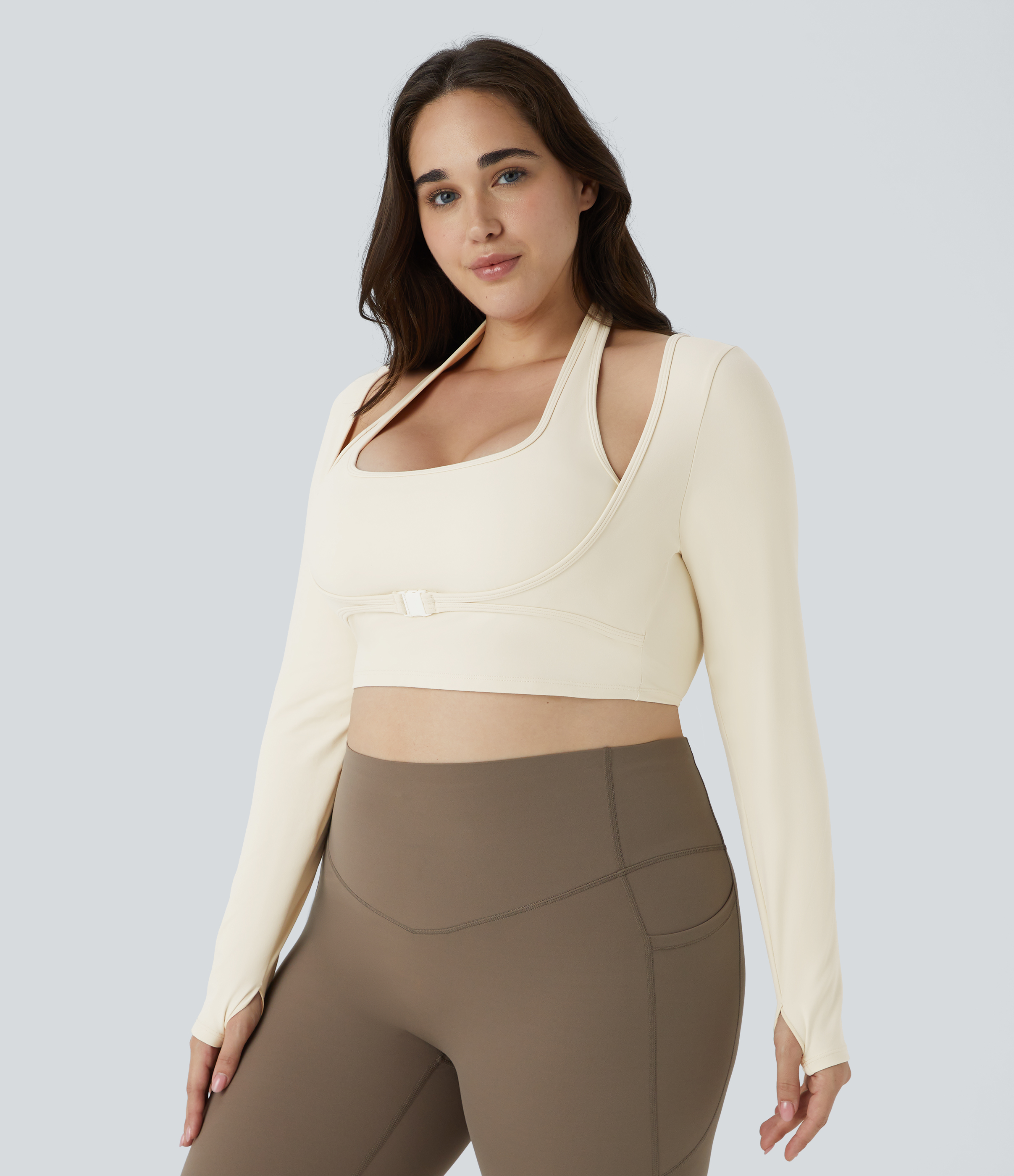 Halara Softlyzeroв„ў Plush Halter Thumb Hole Long Sleeve Cropped 2-in-1 Yoga Plus Size Sports Top  - Solitary Star - 2X 