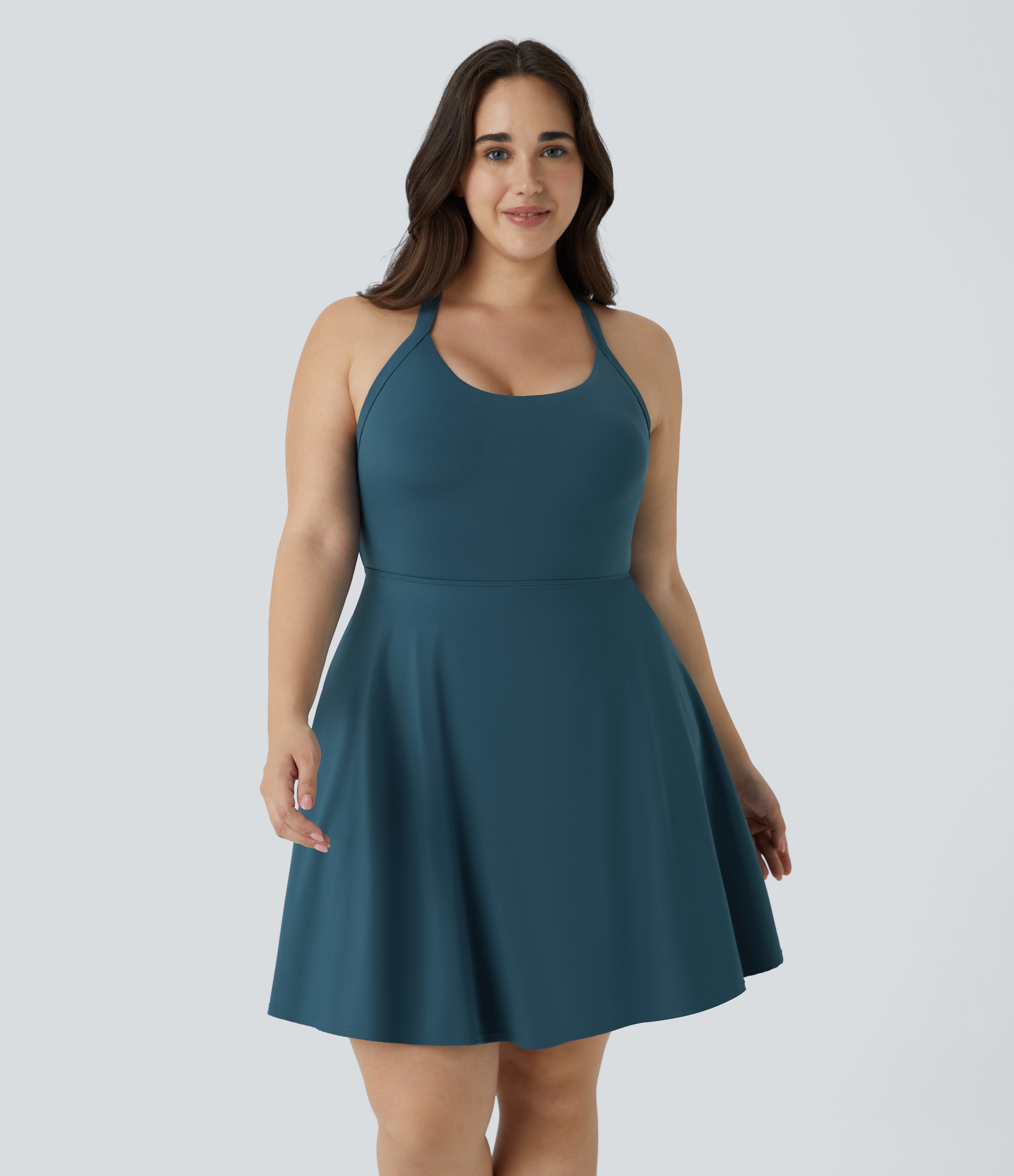 U Neck Cut Out 2-in-1 Pocket Mini Barre Ballet Dance Plus Size Dress-Longer Length