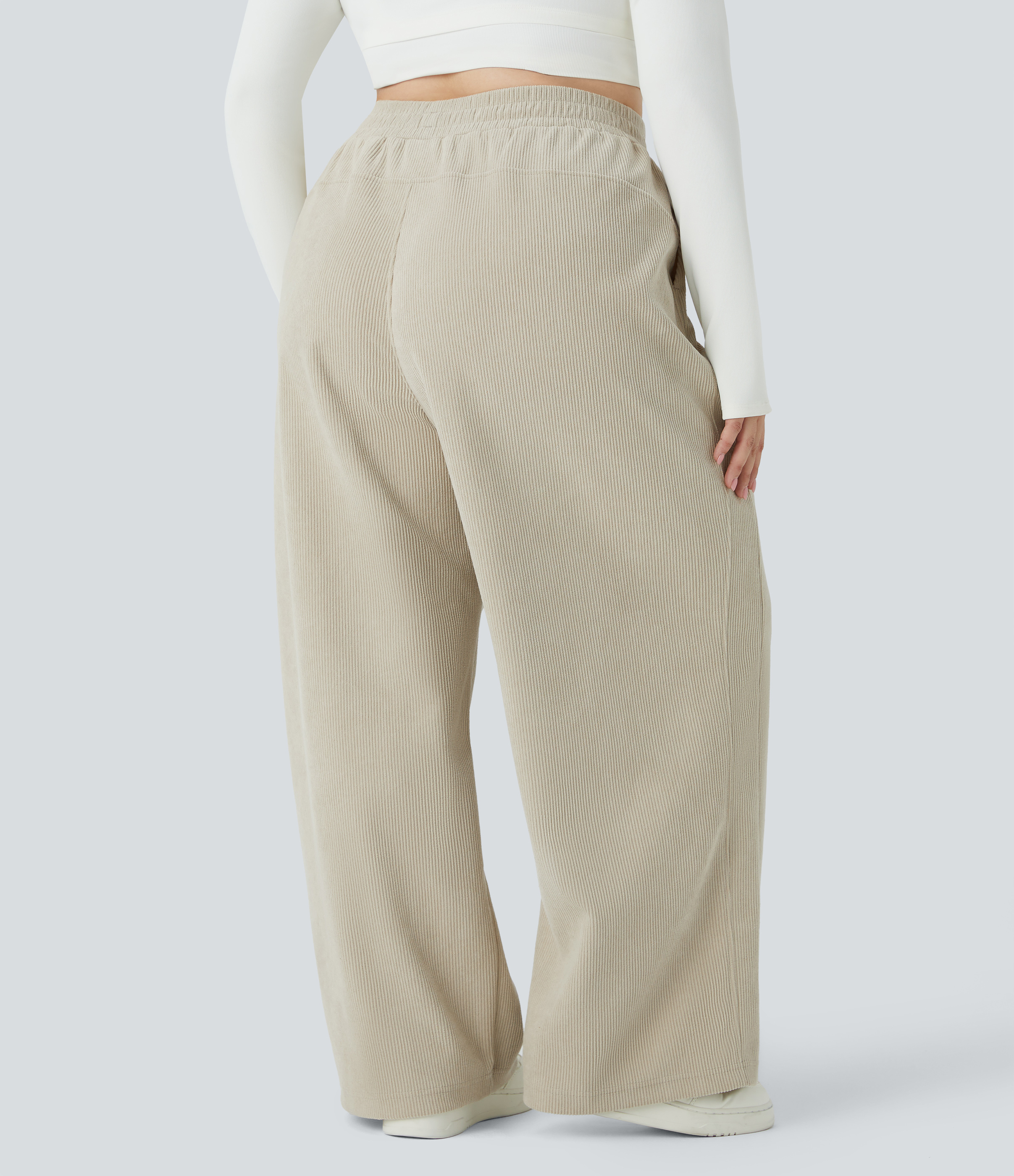 Almond Milk Hohe Taille Taschen Gerade Bein Mopp Cord Lässige Hose in Übergröße / 2