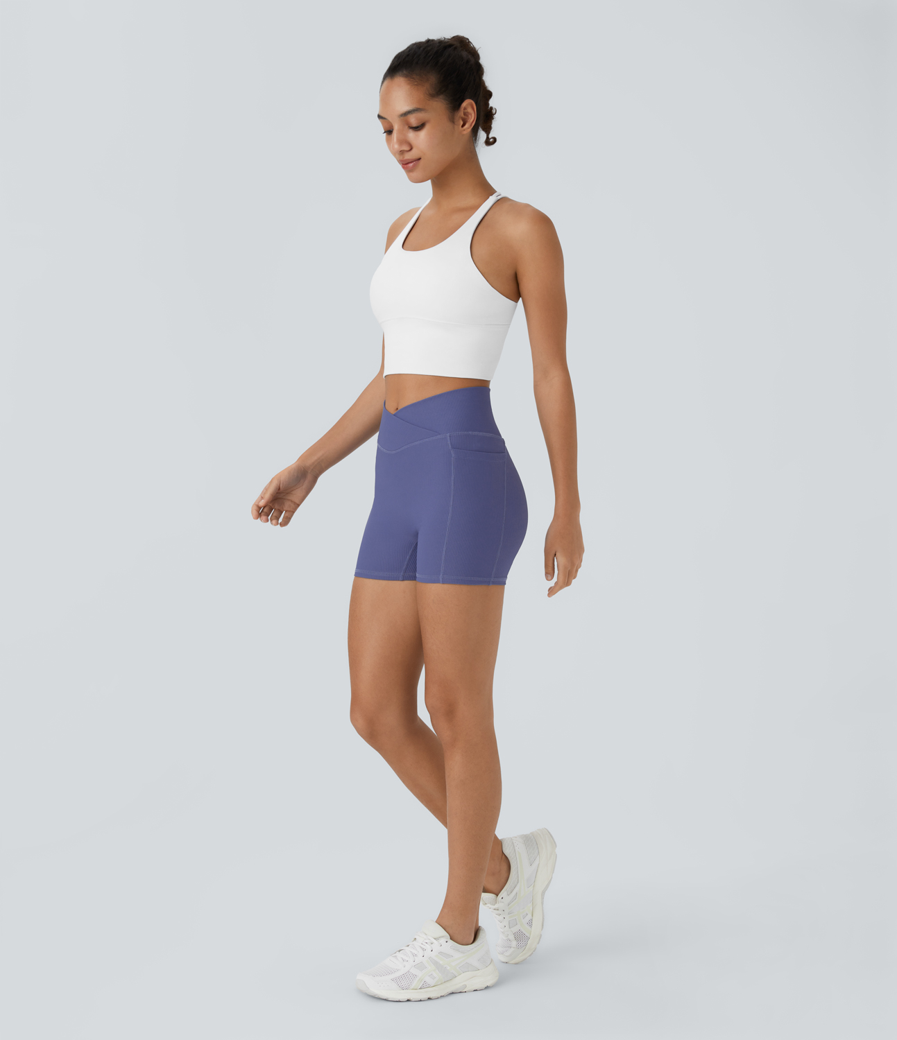 Halara Ribbed Knit High Waisted Crossover Side Pocket Yoga Biker Shorts 3.5``  - Dusted Peri - M biker shorts women black biker shorts 