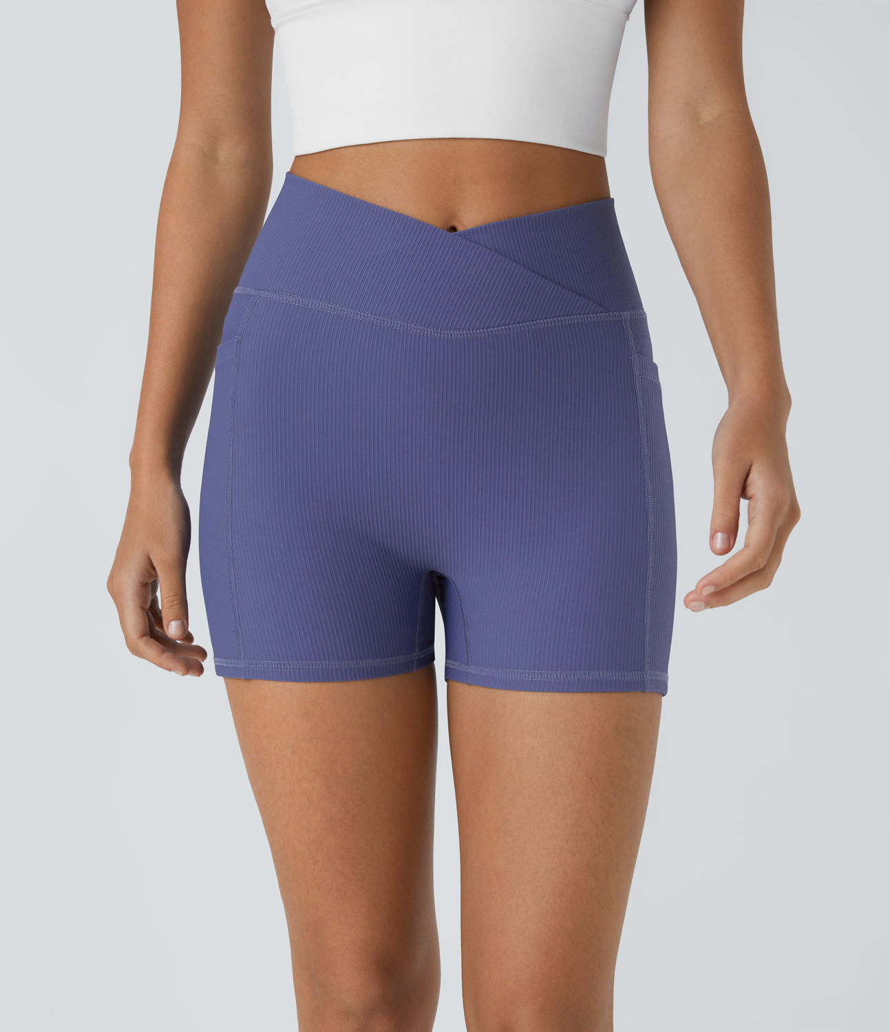 Halara Ribbed Knit High Waisted Crossover Side Pocket Yoga Biker Shorts 3.5``  - Dusted Peri - M biker shorts women black biker shorts 