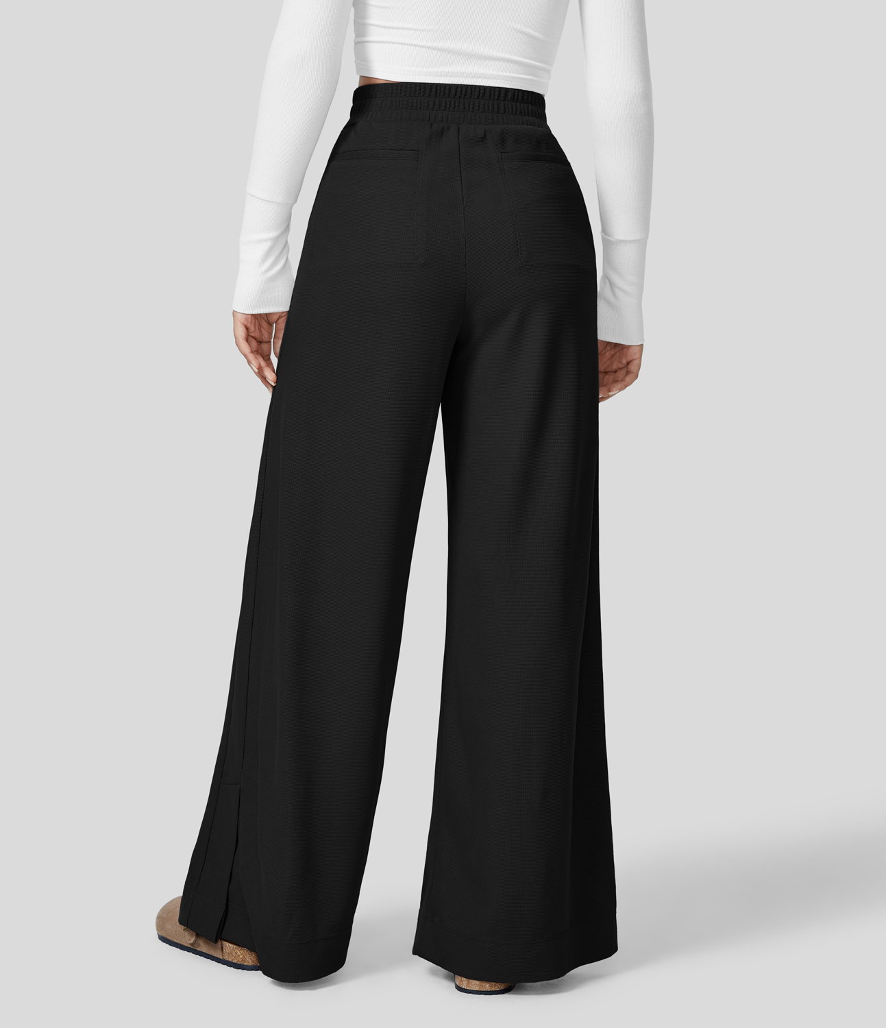 

Halara High Waisted Plicated Zipper Side Pocket Split Hem Wide Leg Waffle Casual Pants - Black -  sweatpants jogger pants