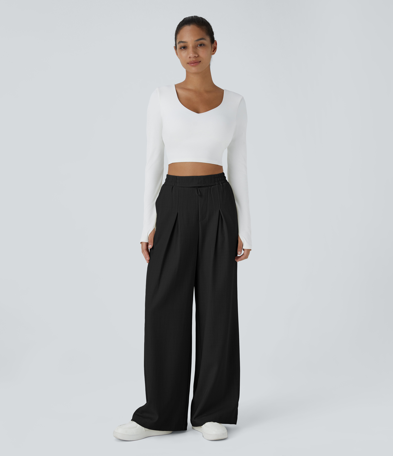 Halara High Waisted Adjustable Drawcord Side Pocket Relaxed Fit Straight Leg Casual Pants  - Black - XS(regular) sweatpants jogger pants 