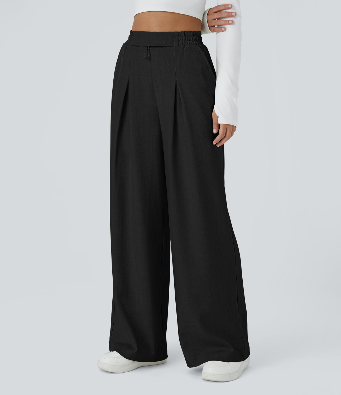 Halara High Waisted Adjustable Drawcord Side Pocket Relaxed Fit Straight Leg Casual Pants  - Black - XS(regular) sweatpants jogger pants 