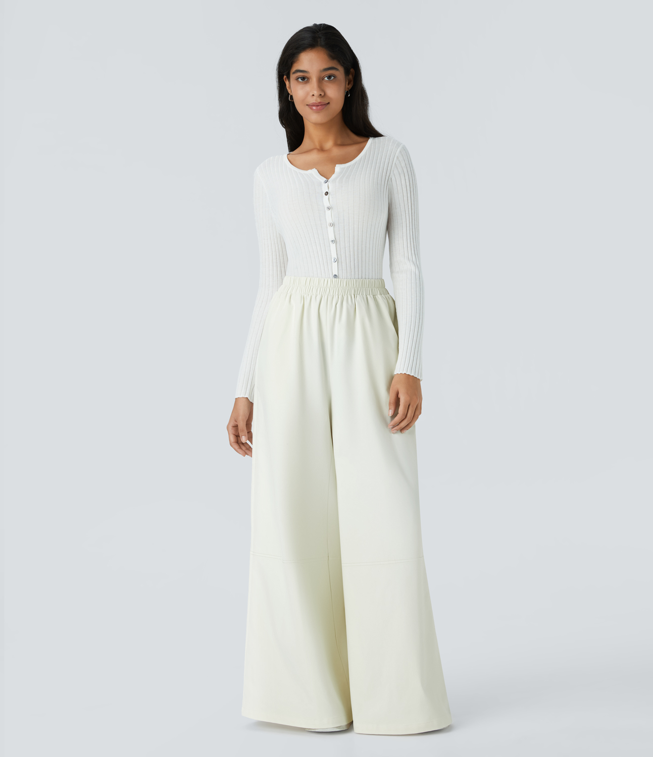 Halara Water Repellent Wear-Resistant High Waisted Side Pocket Wide Leg Mop Casual Pants  - Oak White - S(regular) sweatpants jogger pants 