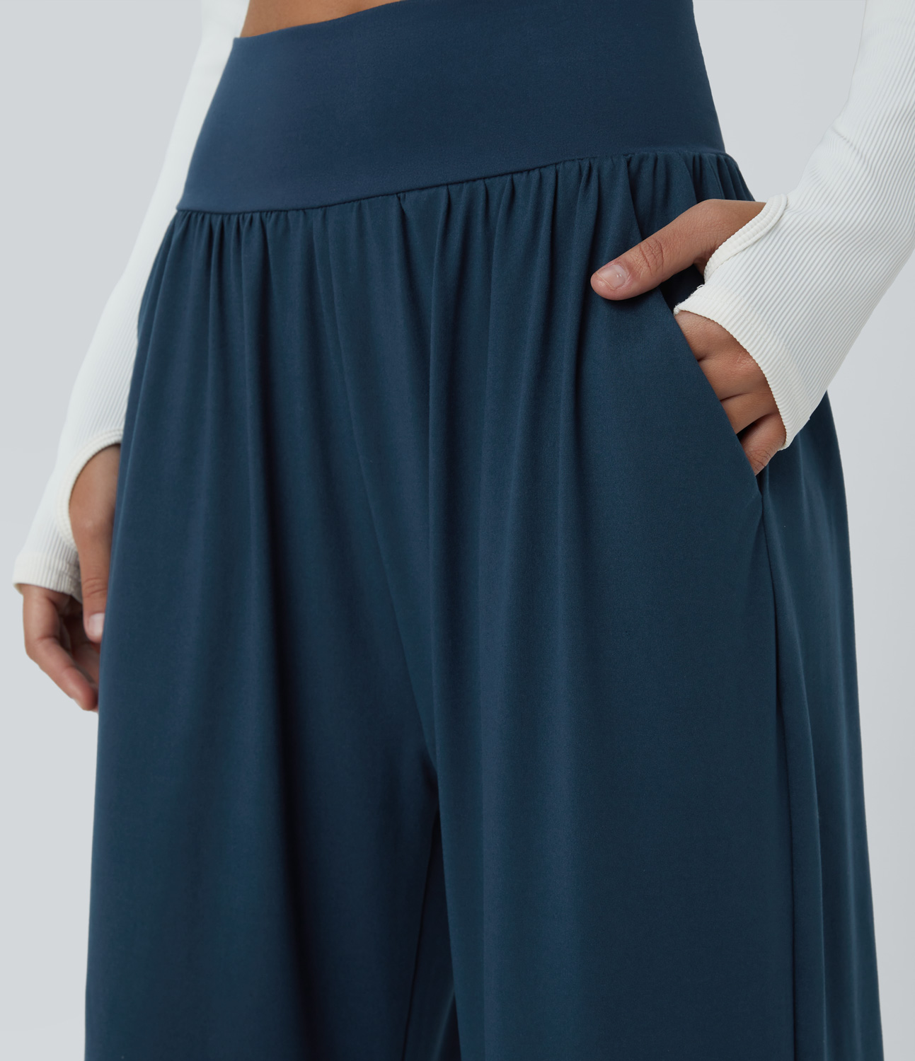 Halara High Waisted Side Pocket Plain Wide Leg Pants  - Oxford Blue - L 