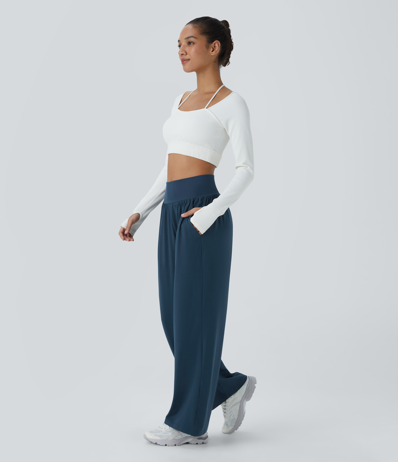 Halara High Waisted Side Pocket Plain Wide Leg Pants  - Oxford Blue - L 