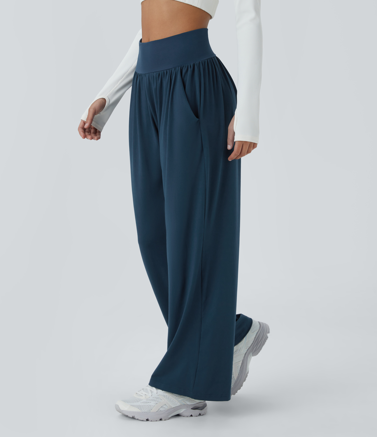 Halara High Waisted Side Pocket Plain Wide Leg Pants  - Oxford Blue - L 