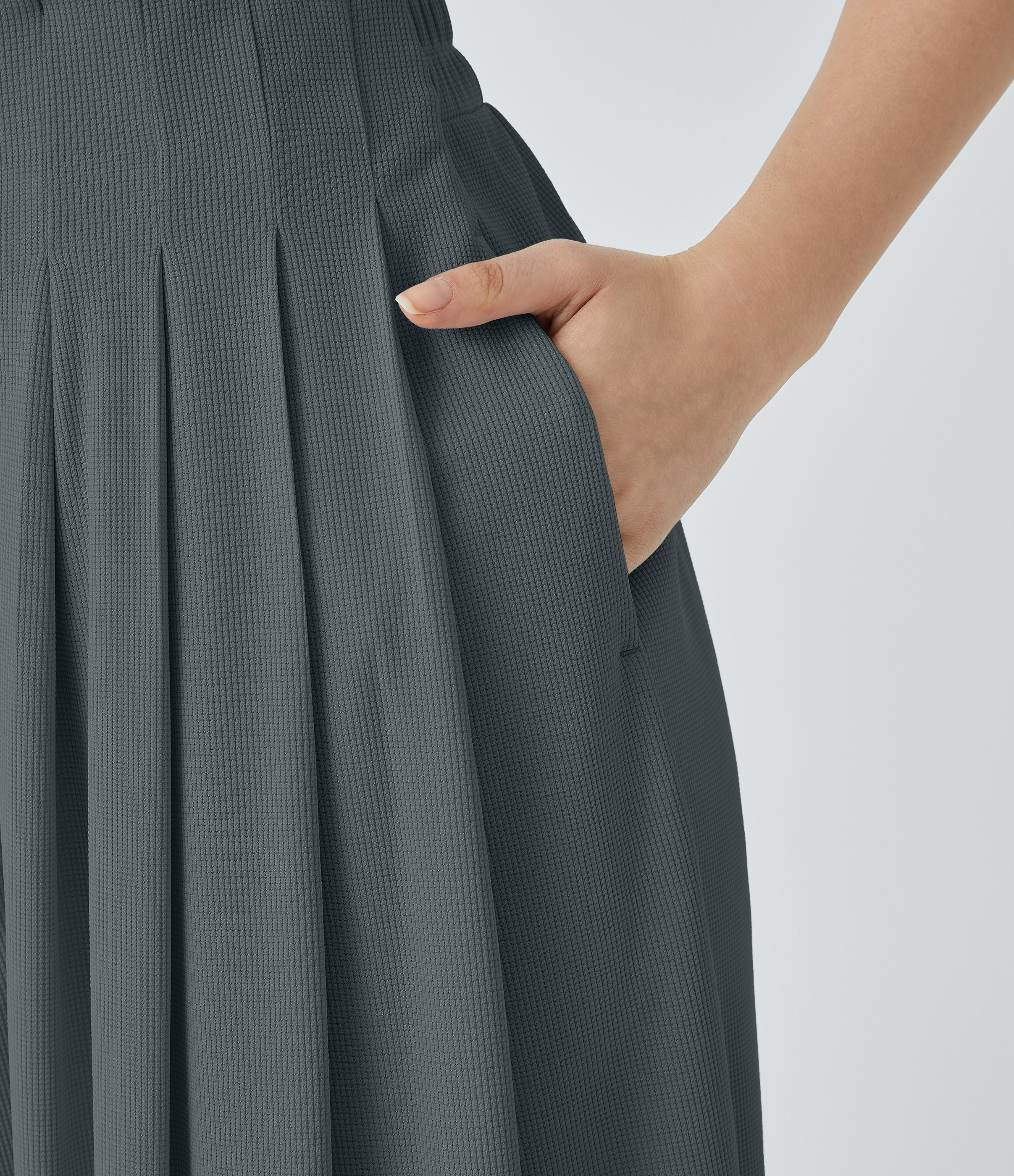Halara High Waisted Pleated Side Pocket Flowy Wide Leg Palazzo Waffle Casual Pants  - Hurricane Grey - L(regular) sweatpants jogger pants 