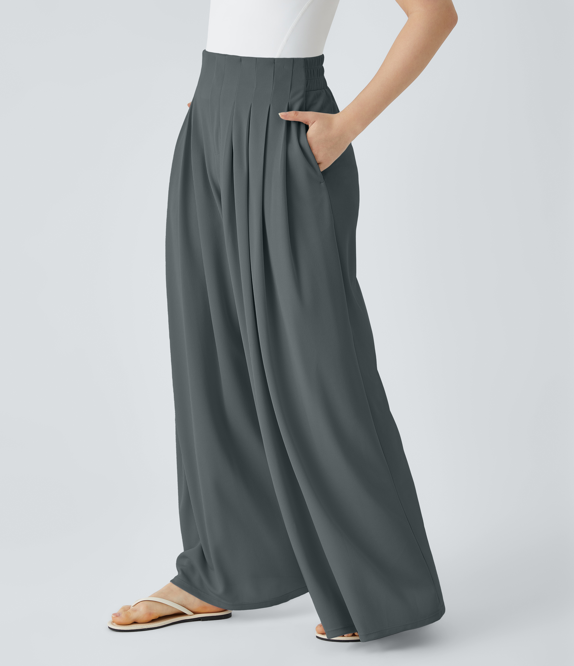 Halara High Waisted Pleated Side Pocket Flowy Wide Leg Palazzo Waffle Casual Pants  - Hurricane Grey - L(regular) sweatpants jogger pants 