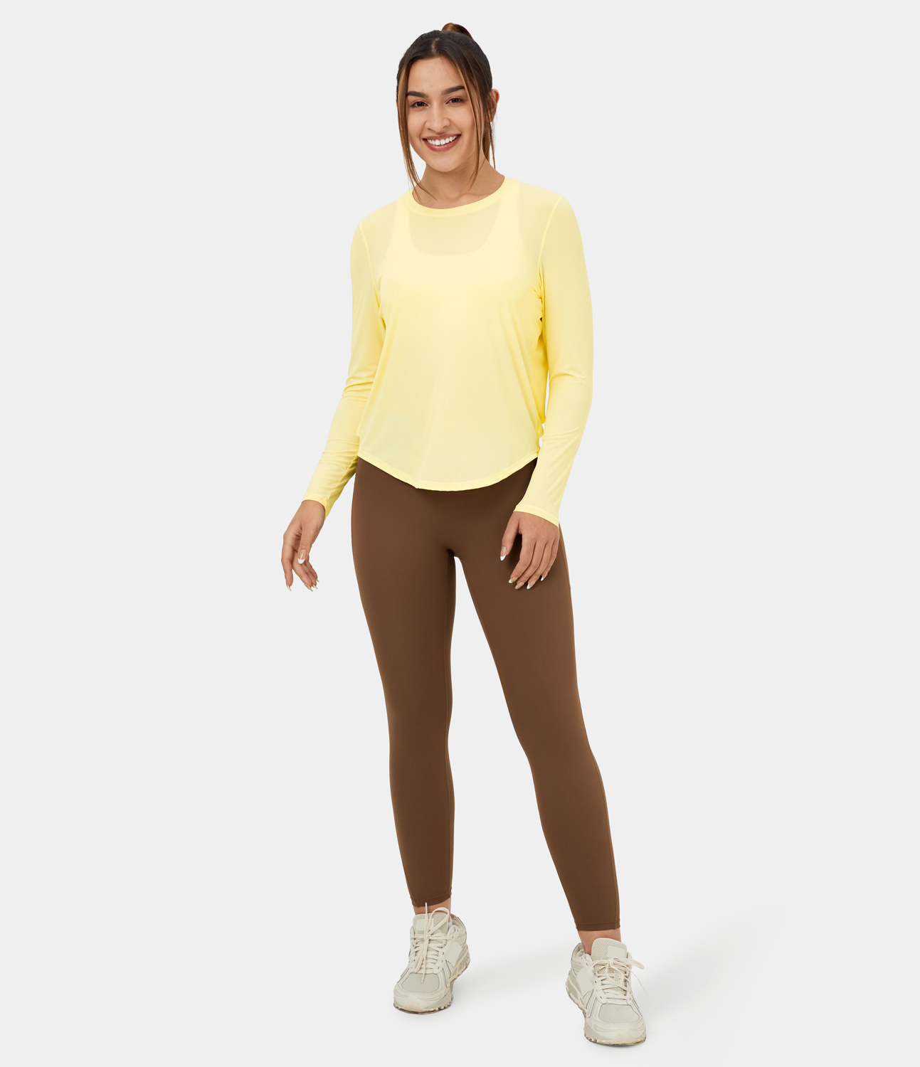 Halara Round Neck Curved Hem Contrast Mesh Yoga Sports Top  - Transparent Yellow - M 
