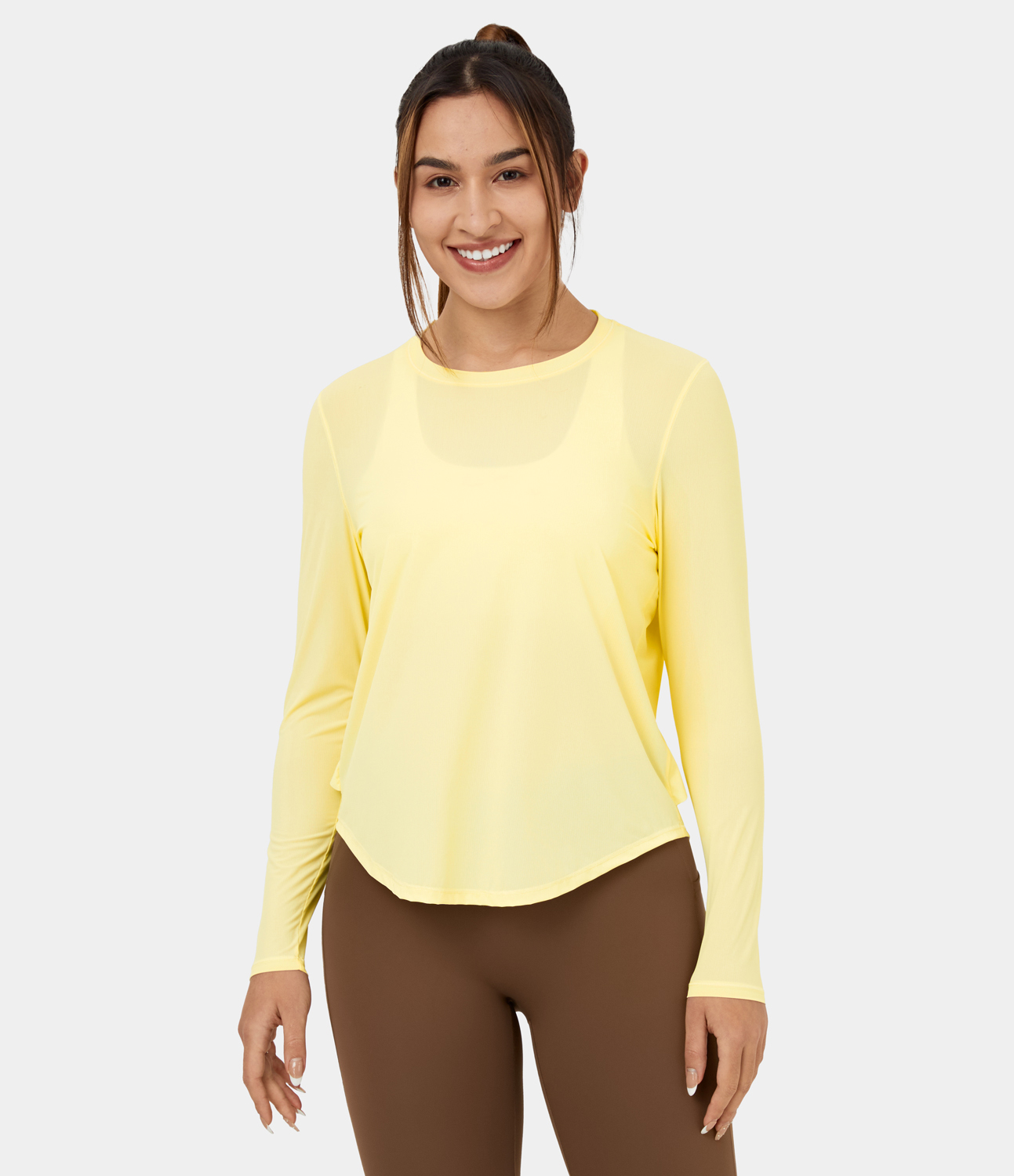 Halara Round Neck Curved Hem Contrast Mesh Yoga Sports Top  - Transparent Yellow - M 