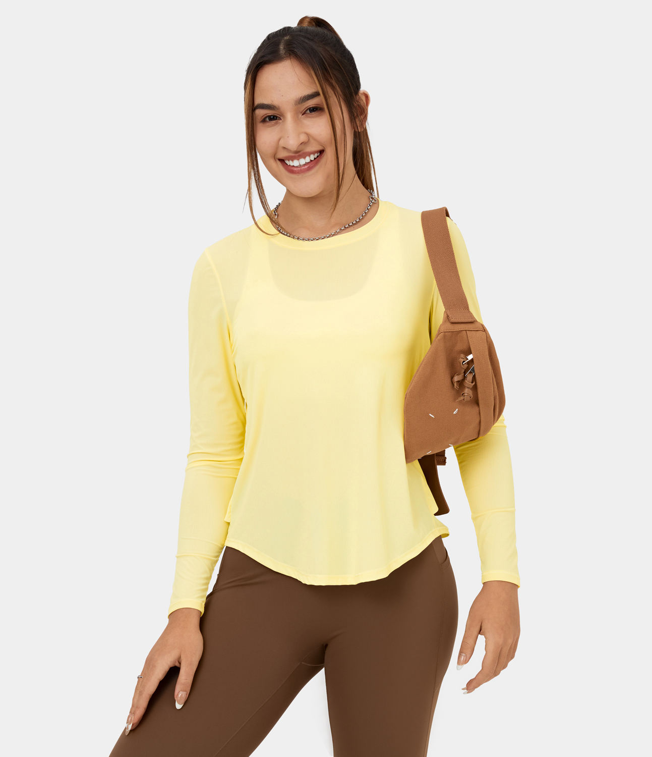Halara Round Neck Curved Hem Contrast Mesh Yoga Sports Top  - Transparent Yellow - M 