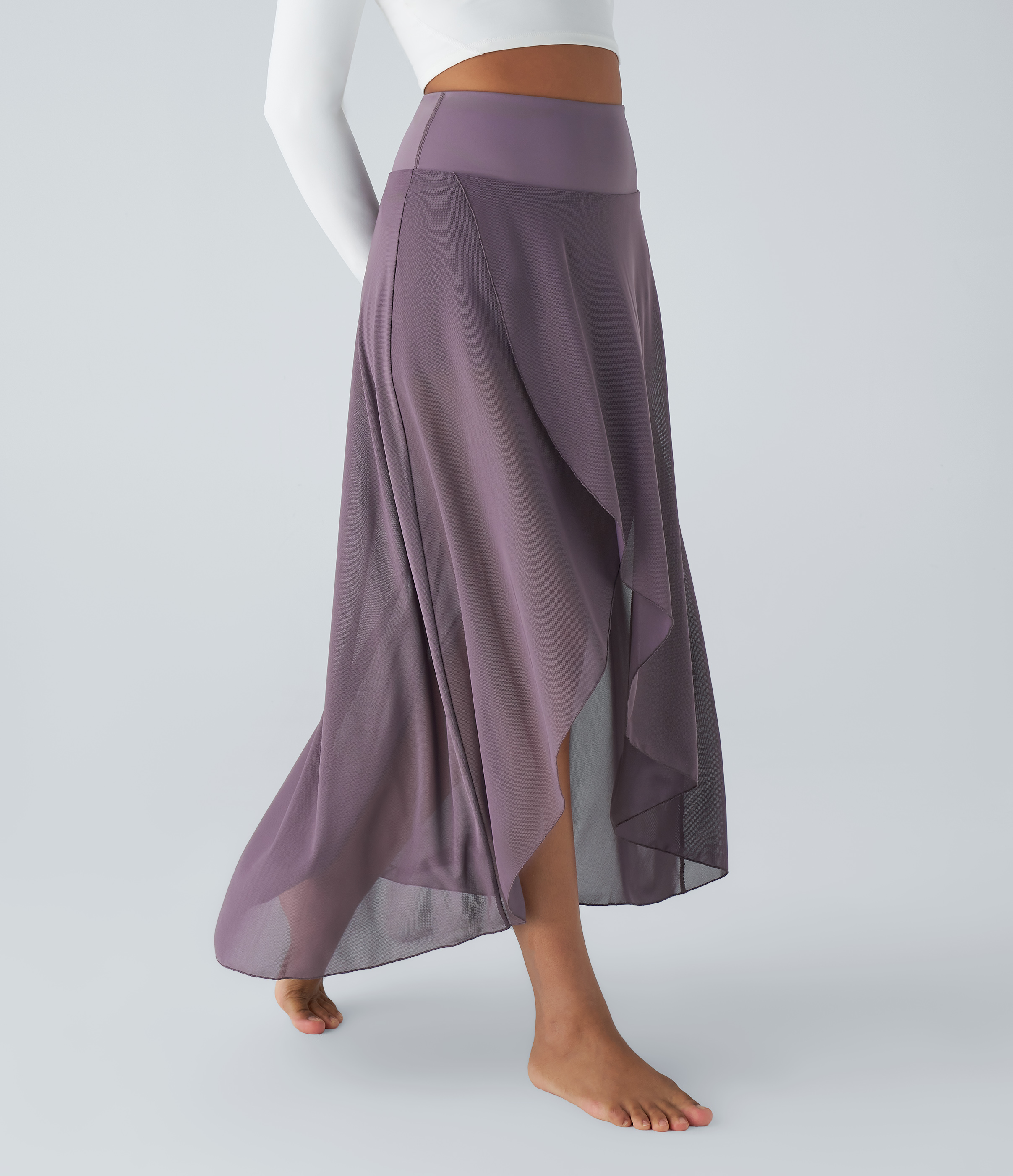 Halara High Waisted High Low Ruffle 2-in-1 Side Pocket Flare Mesh Casual Regular Maxi Skirt  - Stardust Mauve - M midi skirt a line skirt 