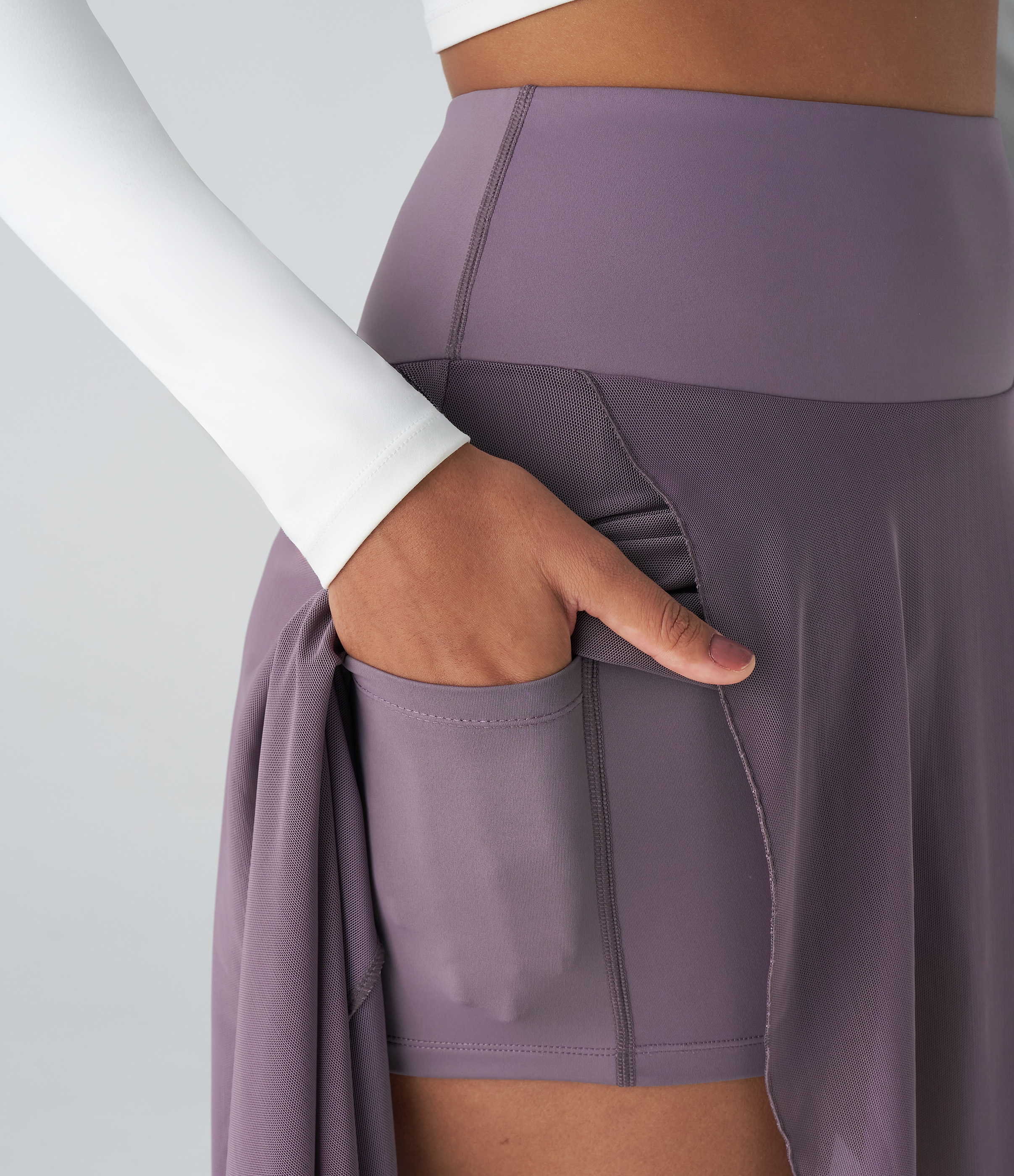 Halara High Waisted High Low Ruffle 2-in-1 Side Pocket Flare Mesh Casual Regular Maxi Skirt  - Stardust Mauve - M midi skirt a line skirt 