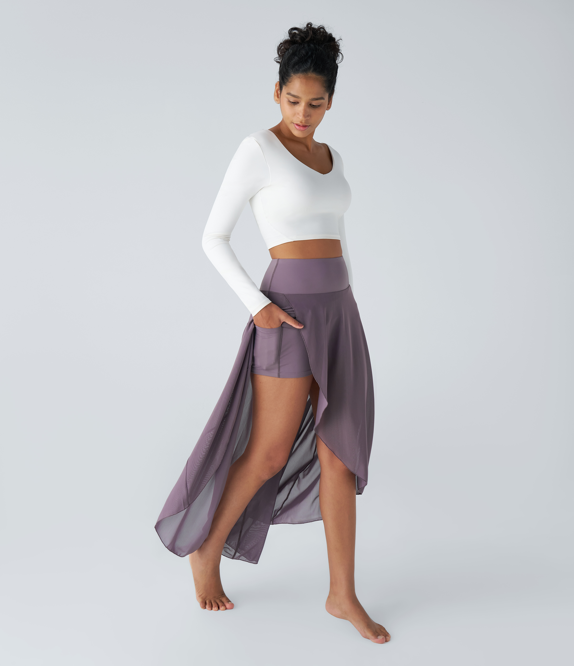 Halara High Waisted High Low Ruffle 2-in-1 Side Pocket Flare Mesh Casual Regular Maxi Skirt  - Stardust Mauve - M midi skirt a line skirt 