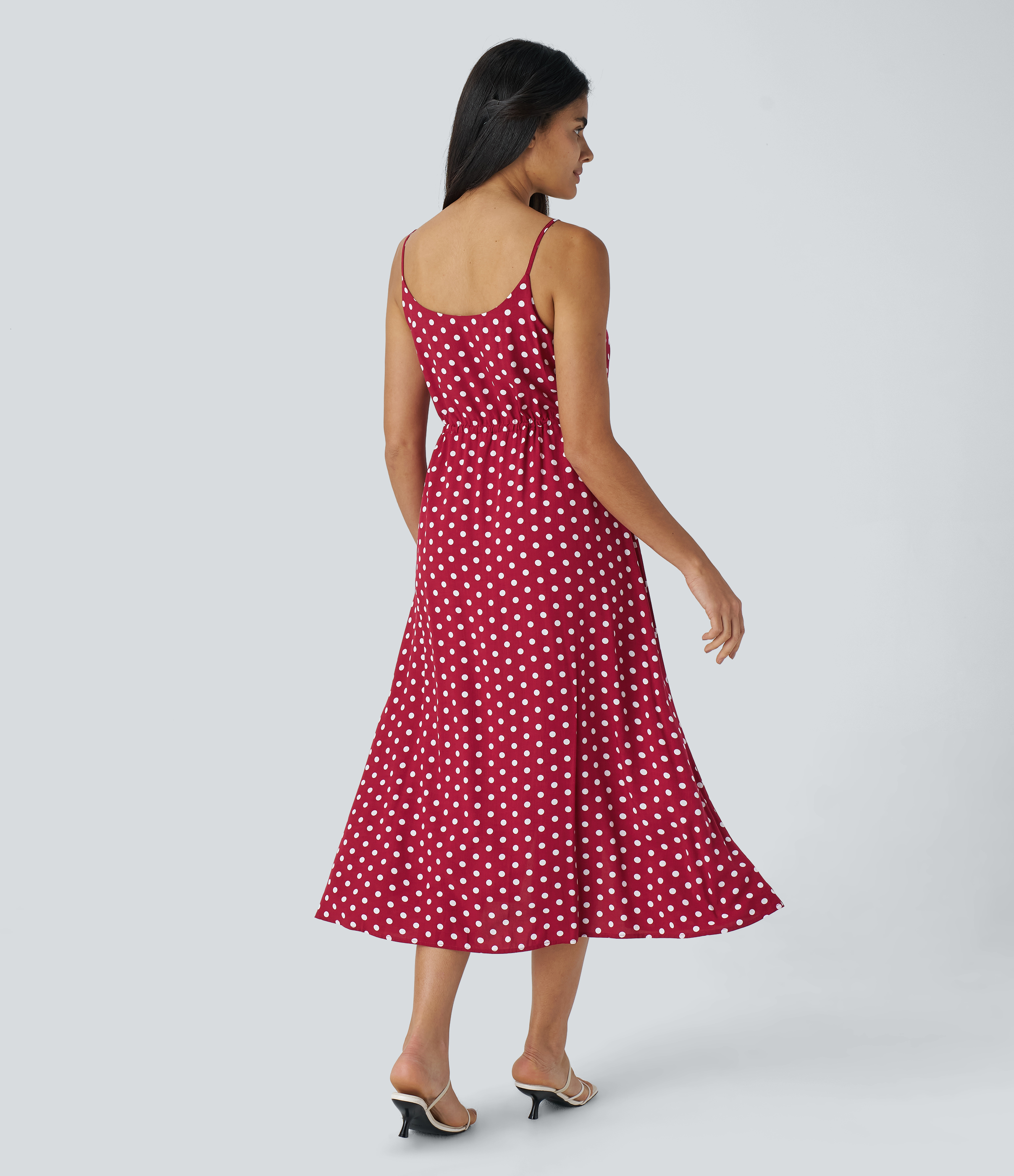 Halara Decorative Button Drawstring Backless Split Polka Dot Midi Resort Slip Dress Casual Dress - Red Polka Dots - XL slip dress beach dress 