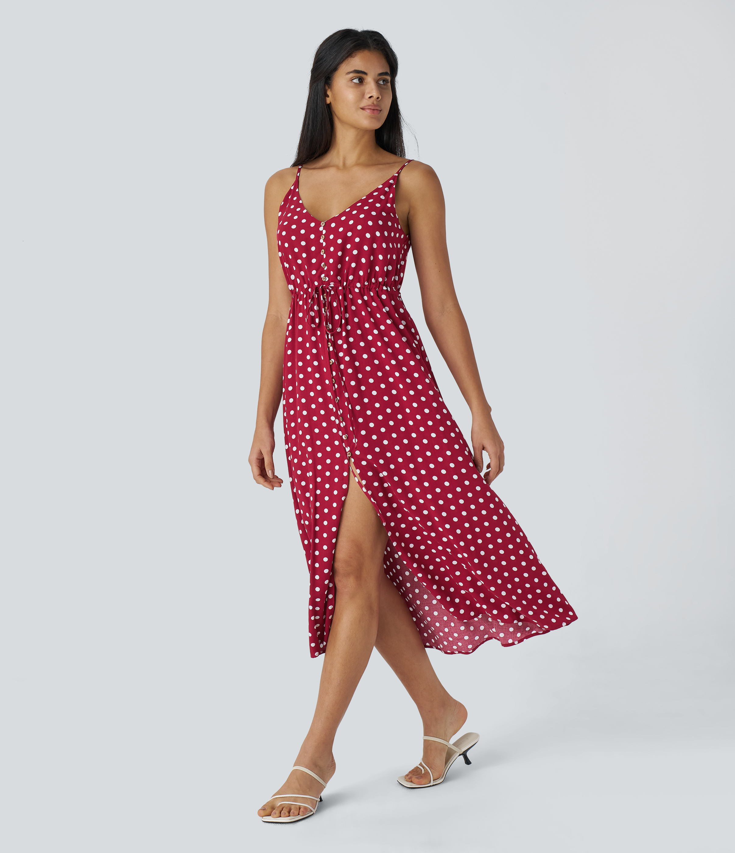 Halara Decorative Button Drawstring Backless Split Polka Dot Midi Resort Slip Dress Casual Dress - Red Polka Dots - XL slip dress beach dress 