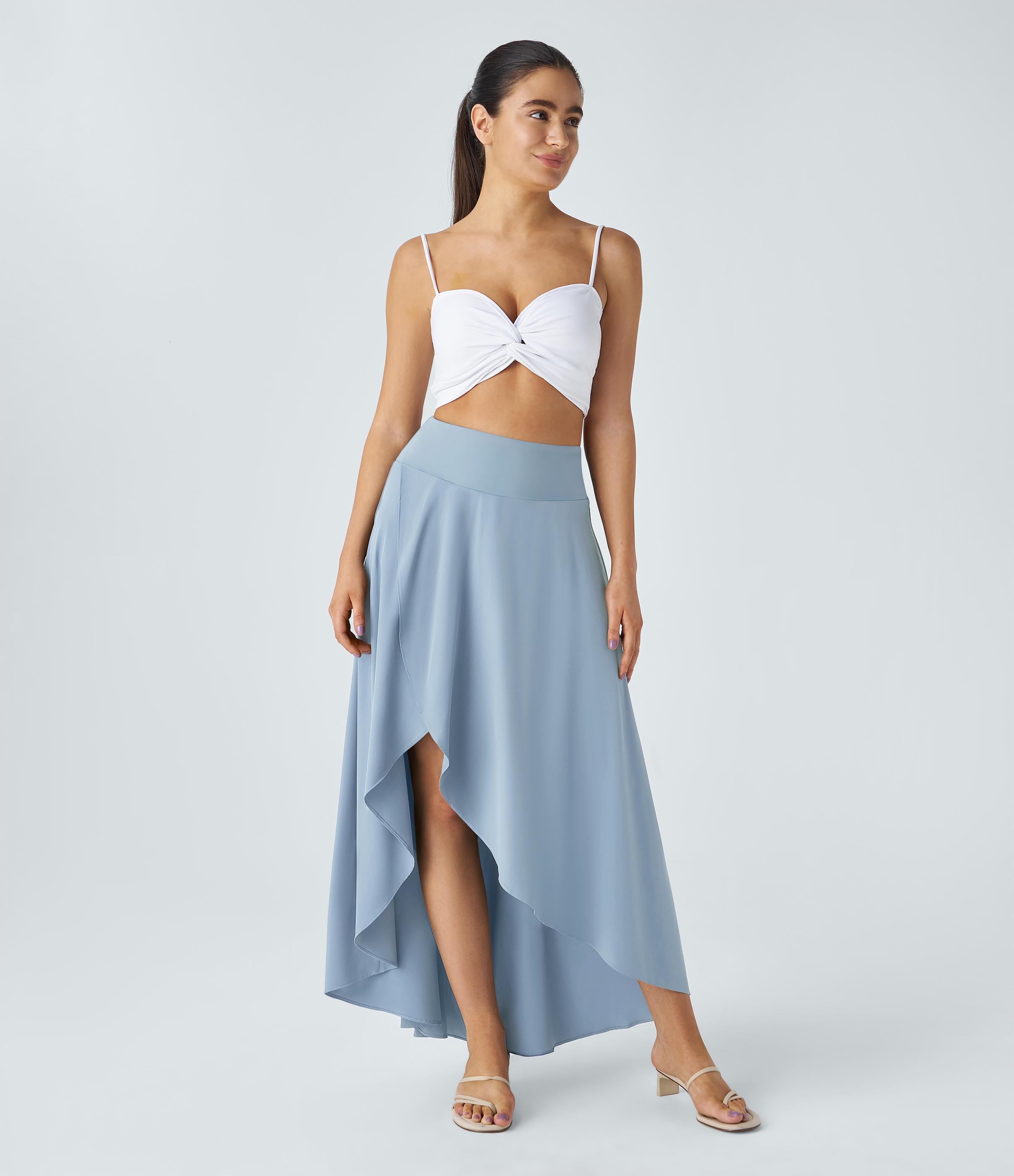 Halara Breezefulв„ў High Waisted High Low Ruffle 2-in-1 Flowy Quick Dry Casual Regular Maxi Skirt  - Thin Ice Blue - XS(regular) 