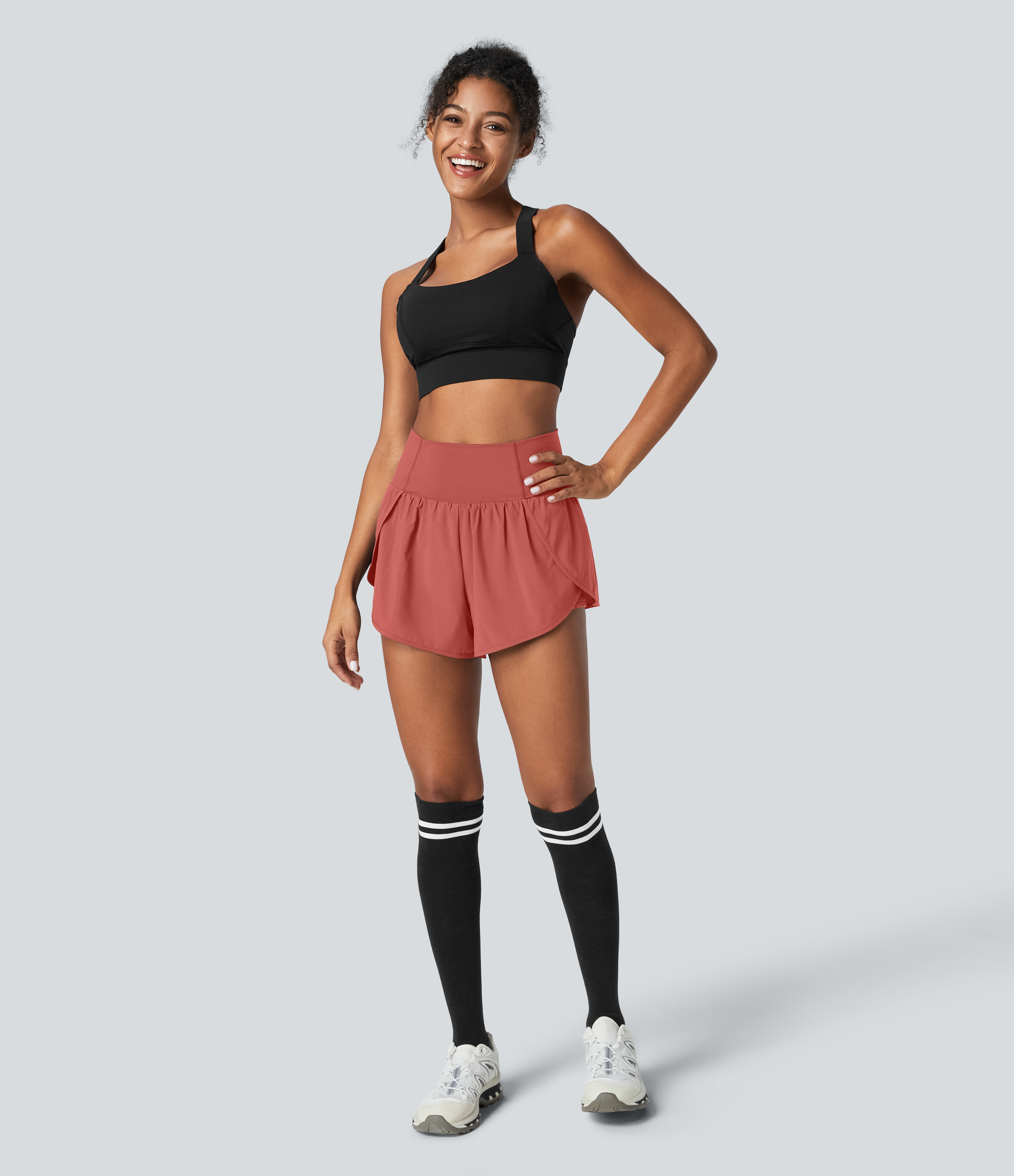 Halara Breezefulв„ў High Waisted Crossover Petal Hem 2-in-1 Side Pocket Quick Dry Yoga Shorts Gym Short - Flame Red - S booty shorts 