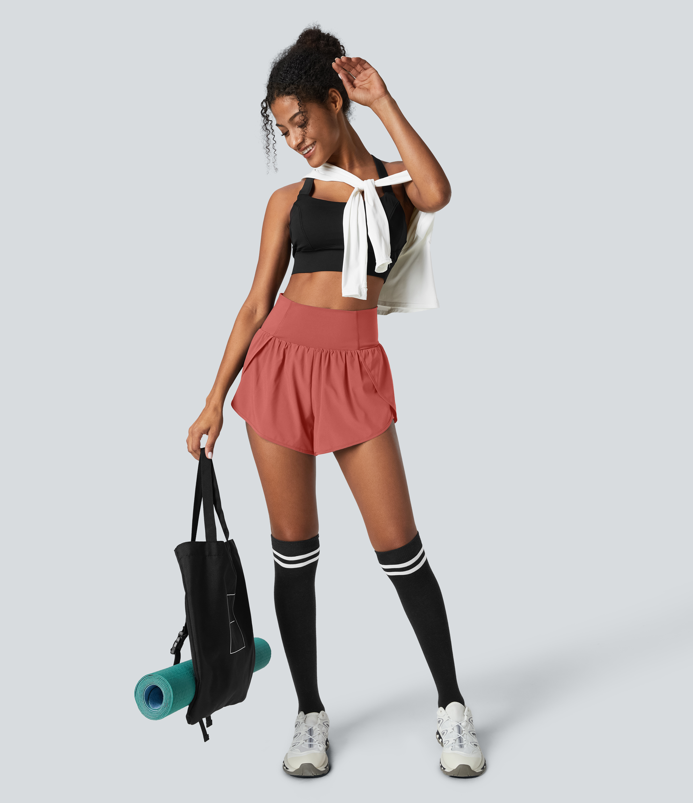 Halara Breezefulв„ў High Waisted Crossover Petal Hem 2-in-1 Side Pocket Quick Dry Yoga Shorts Gym Short - Flame Red - S booty shorts 