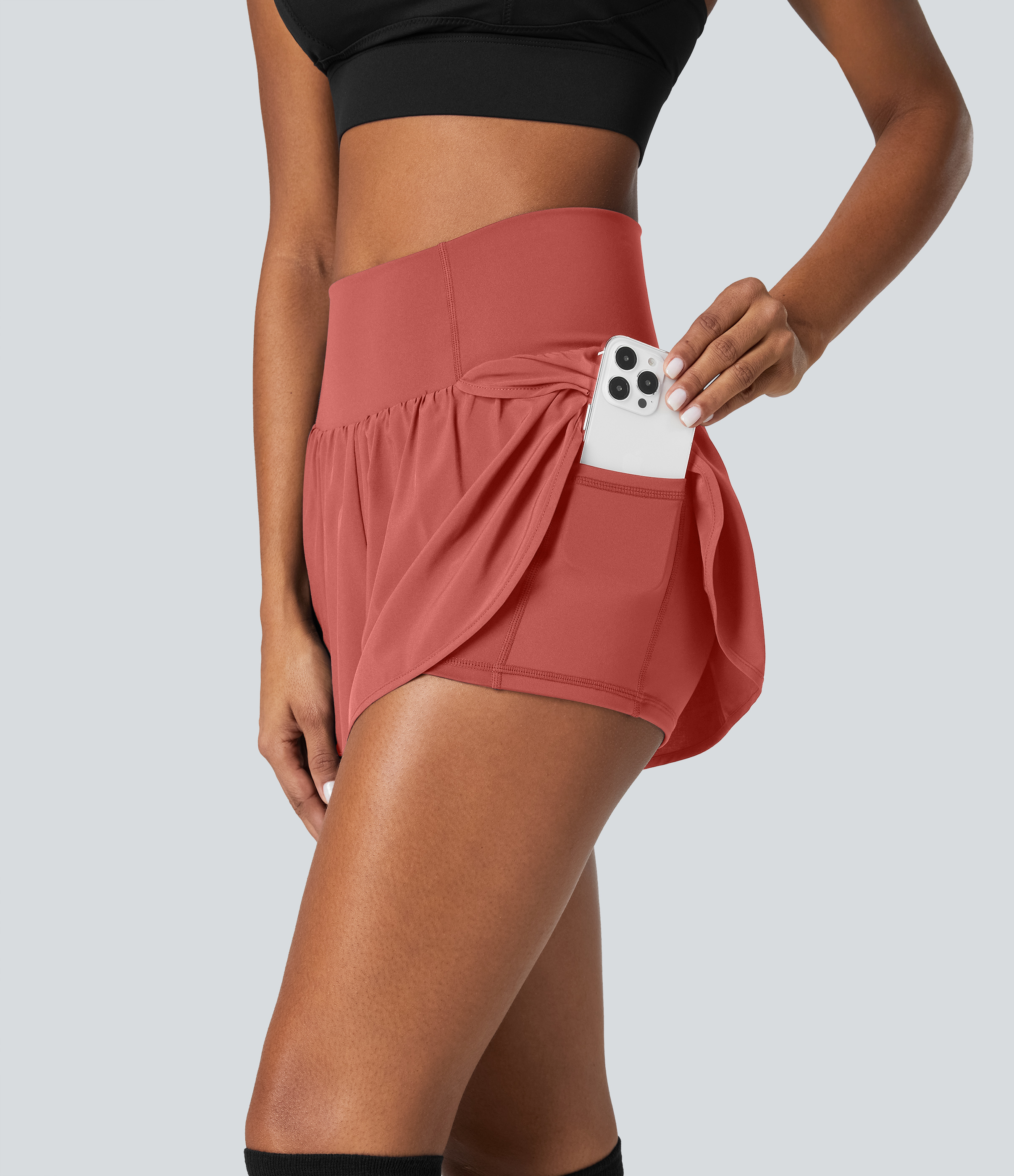 Halara Breezefulв„ў High Waisted Crossover Petal Hem 2-in-1 Side Pocket Quick Dry Yoga Shorts Gym Short - Flame Red - S booty shorts 