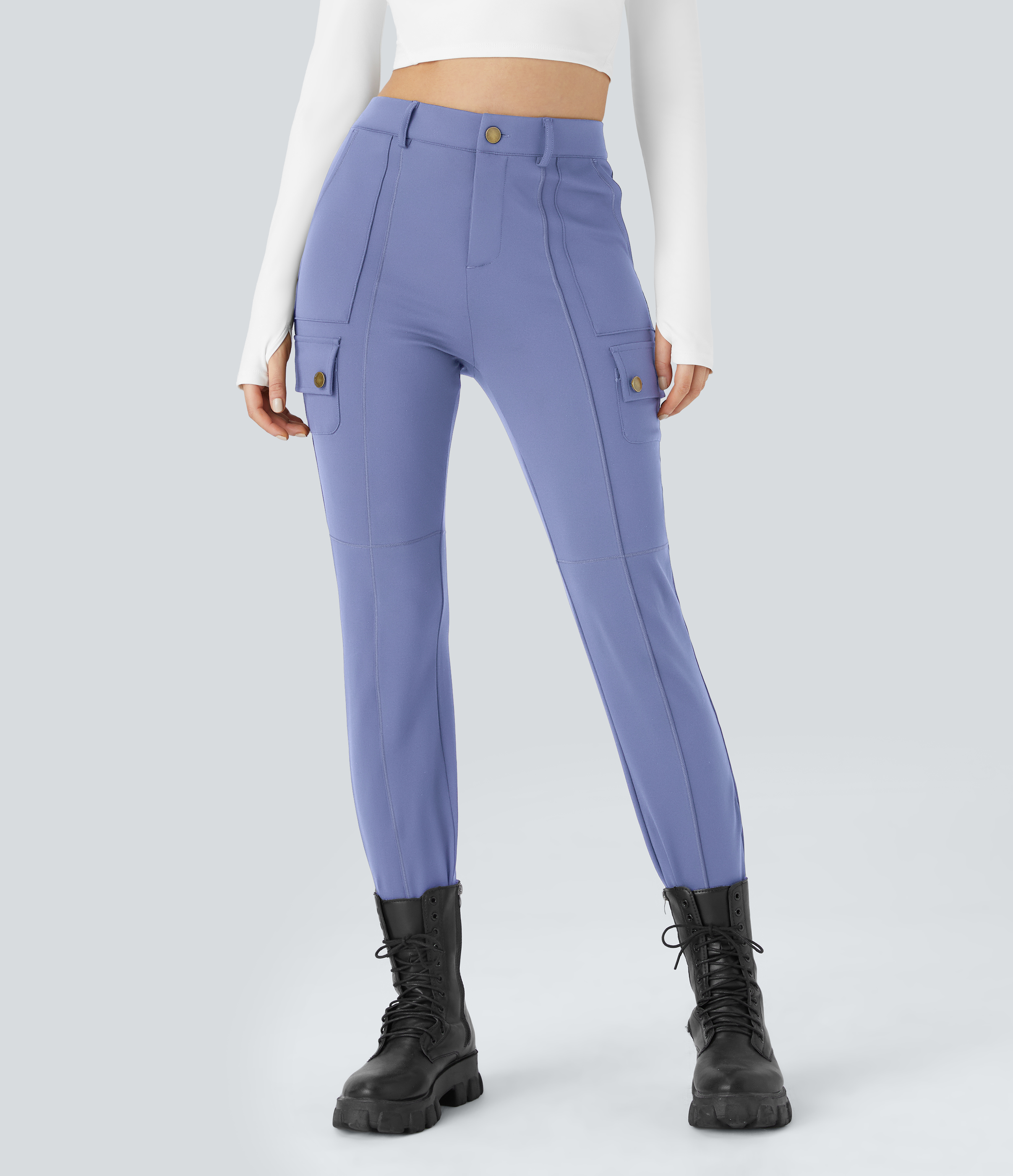 Halara High Waisted Button Zipper Multiple Pockets Solid Skinny Cargo Pants  - Jacaranda - L(petite) 