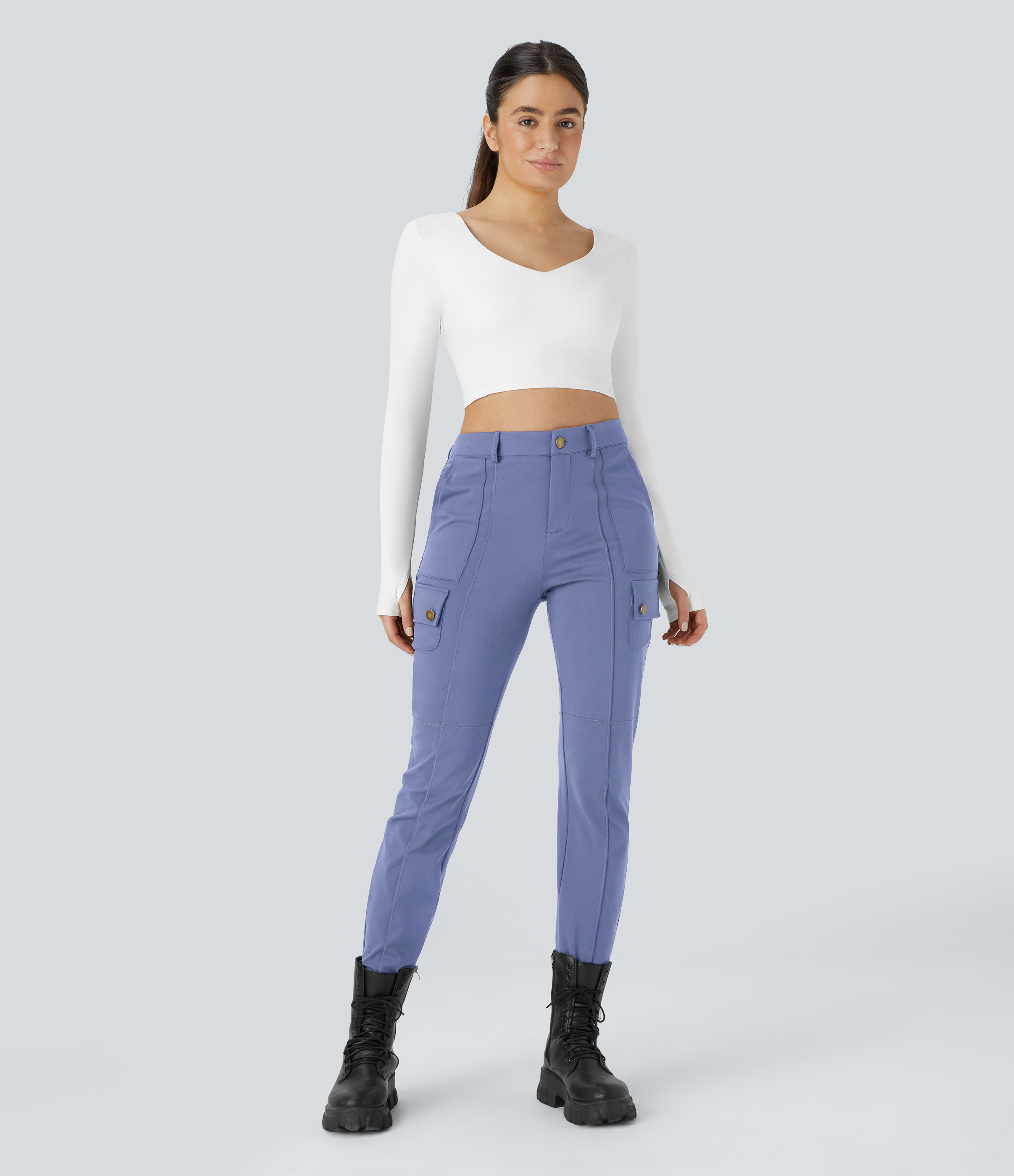 Halara High Waisted Button Zipper Multiple Pockets Solid Skinny Cargo Pants  - Jacaranda - L(petite) 