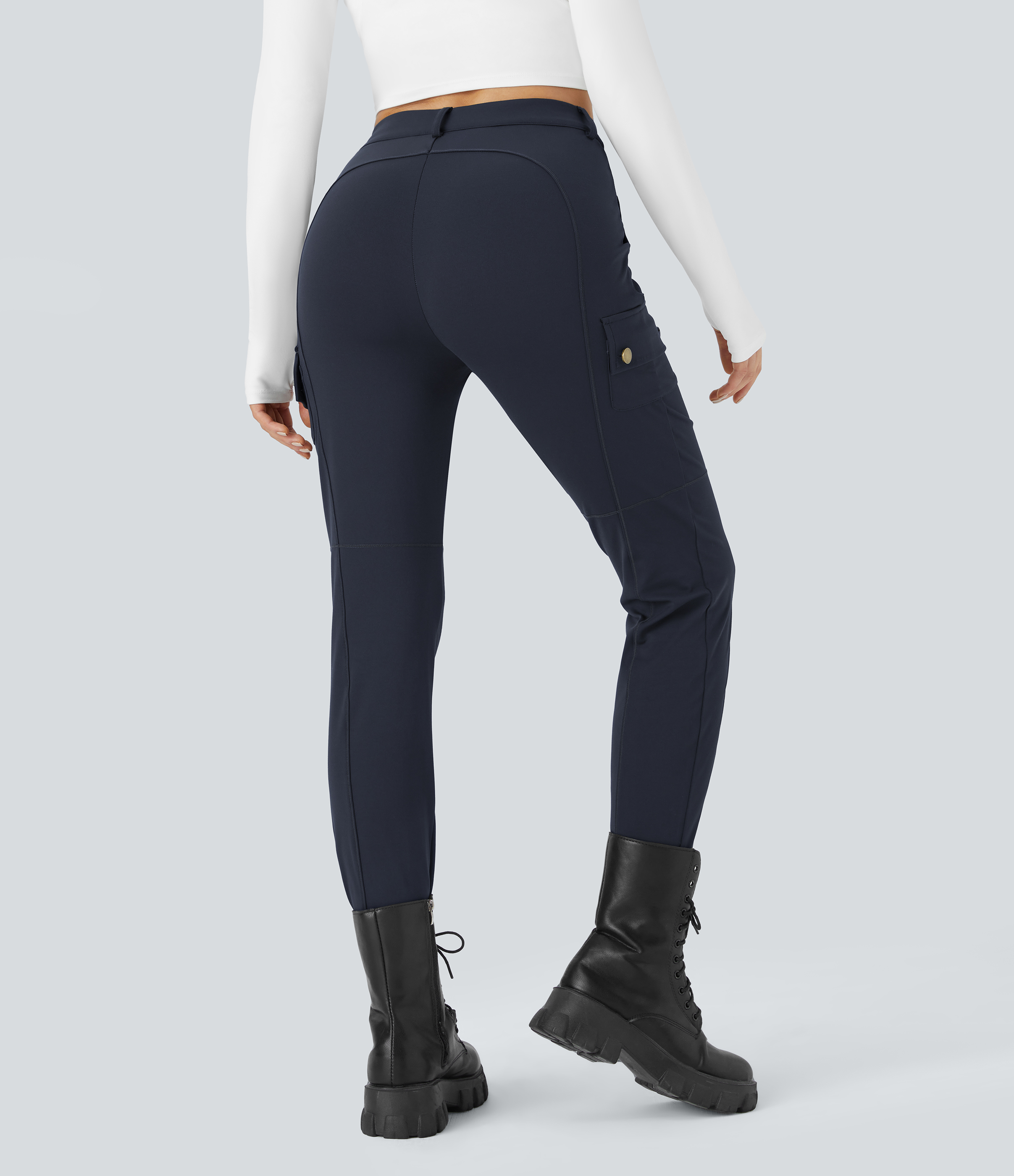 Halara High Waisted Button Zipper Multiple Pockets Solid Skinny Cargo Pants  - Midnight Blue - S(tall) 
