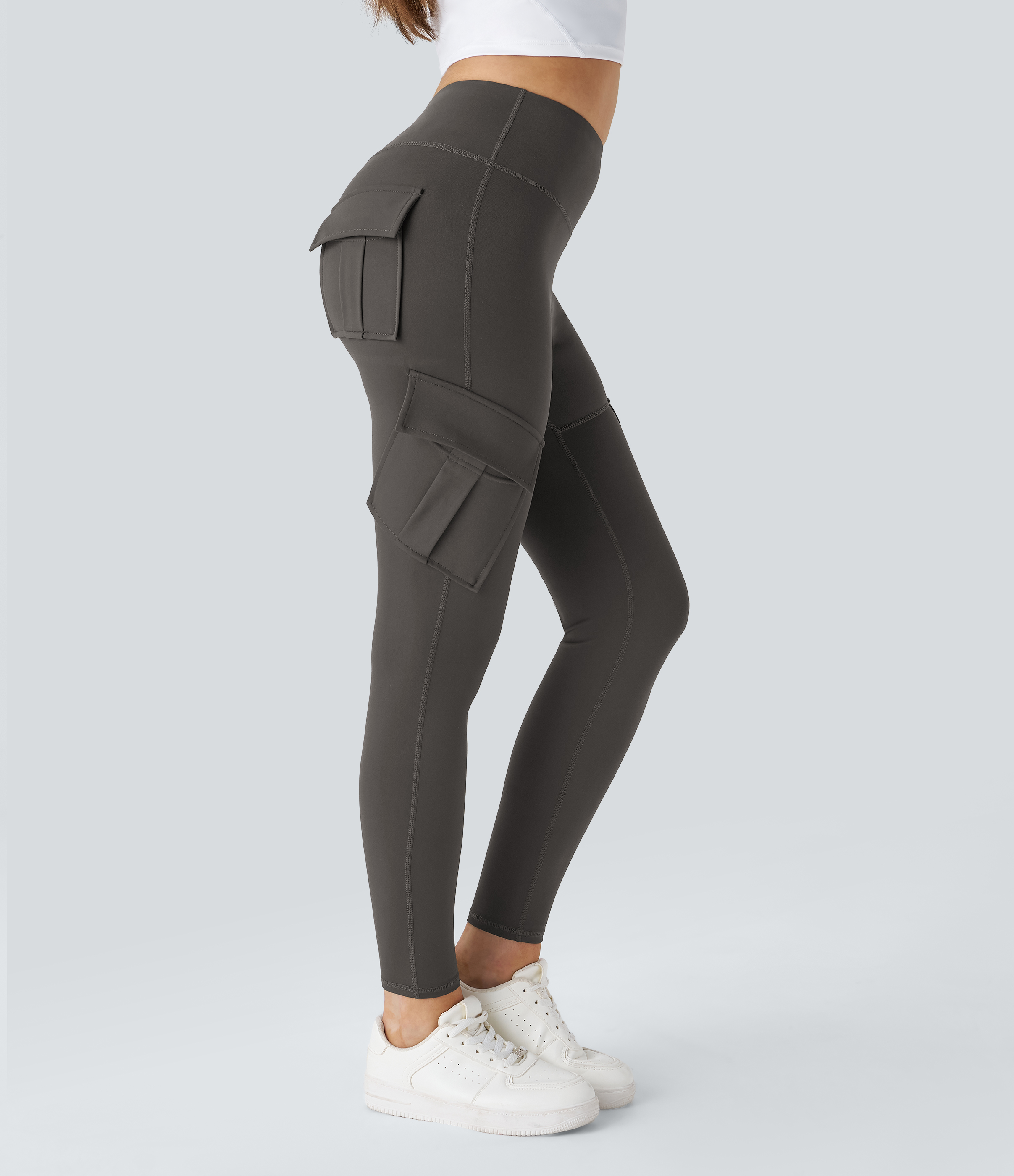 Halara High Waisted Cargo Pocket Skinny Yoga 7/8 Leggings  - Deep Red Grey - XS gym leggings leggings with pockets leggings with butt lift 