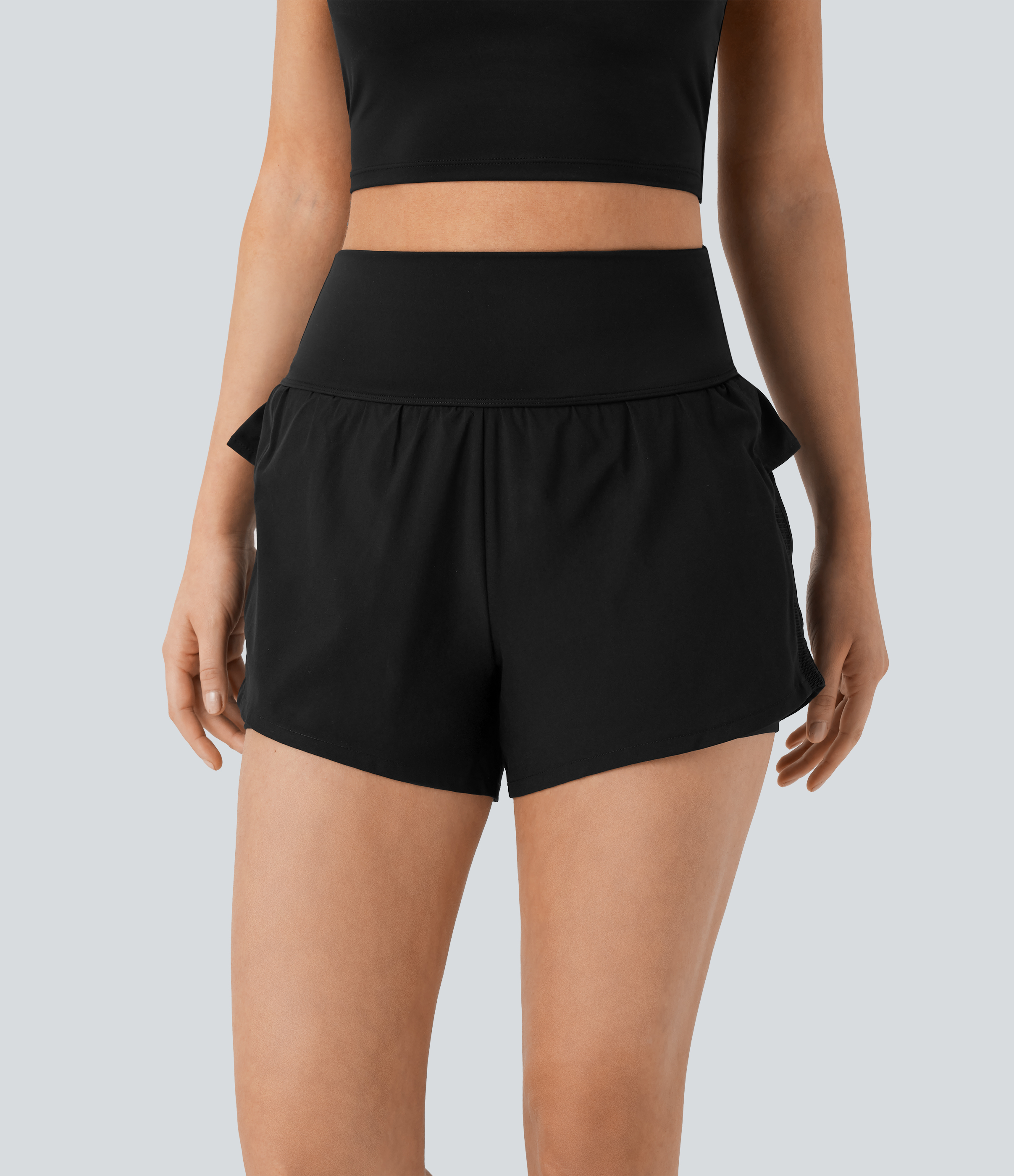 Halara Breezefulв„ў High Waisted Ruffle Contrast Mesh 2-in-1 Quick Dry Yoga Shorts Gym Short - Black - S booty shorts compression shorts 