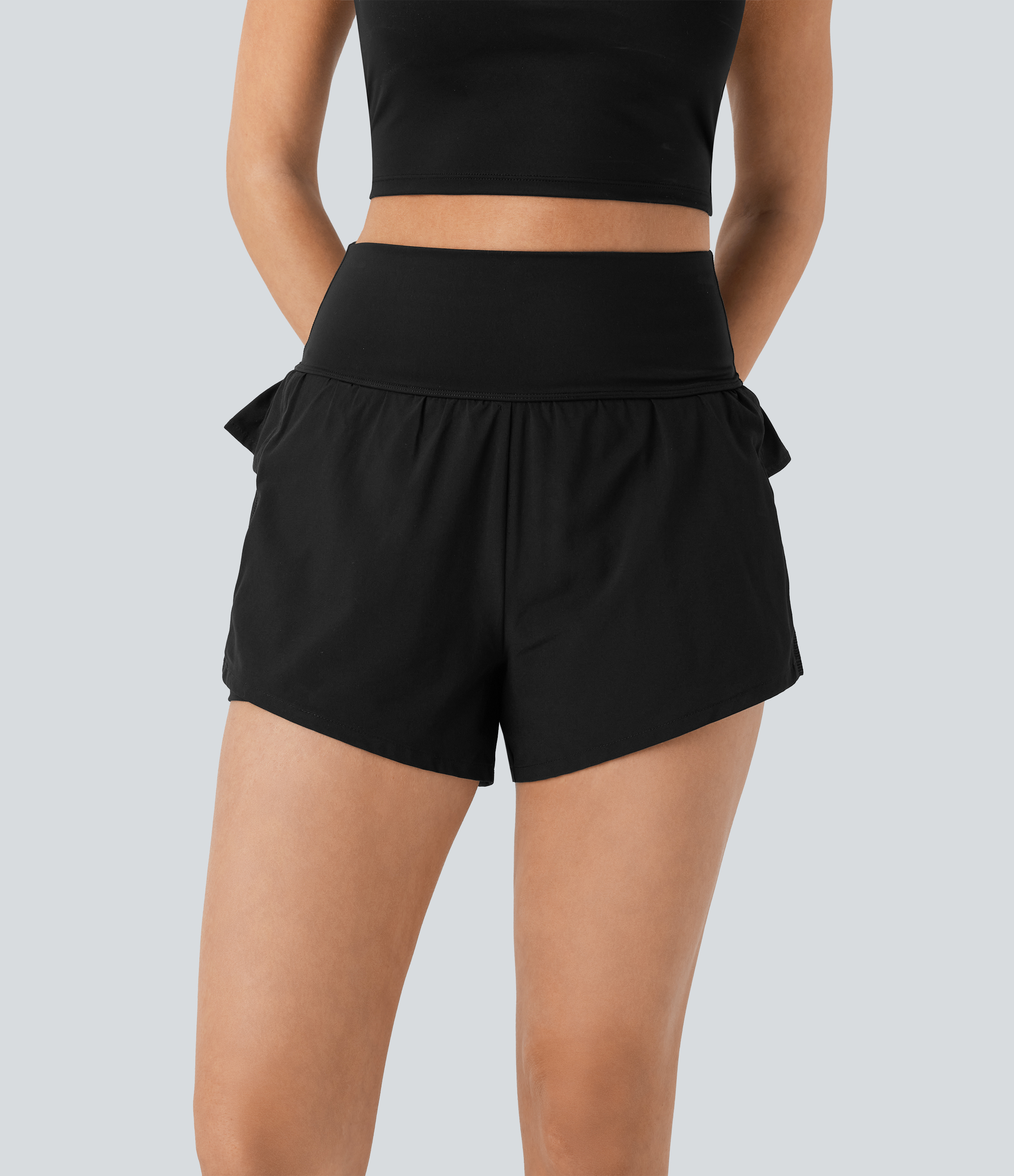 Halara Breezefulв„ў High Waisted Ruffle Contrast Mesh 2-in-1 Quick Dry Yoga Shorts Gym Short - Black - S booty shorts compression shorts 