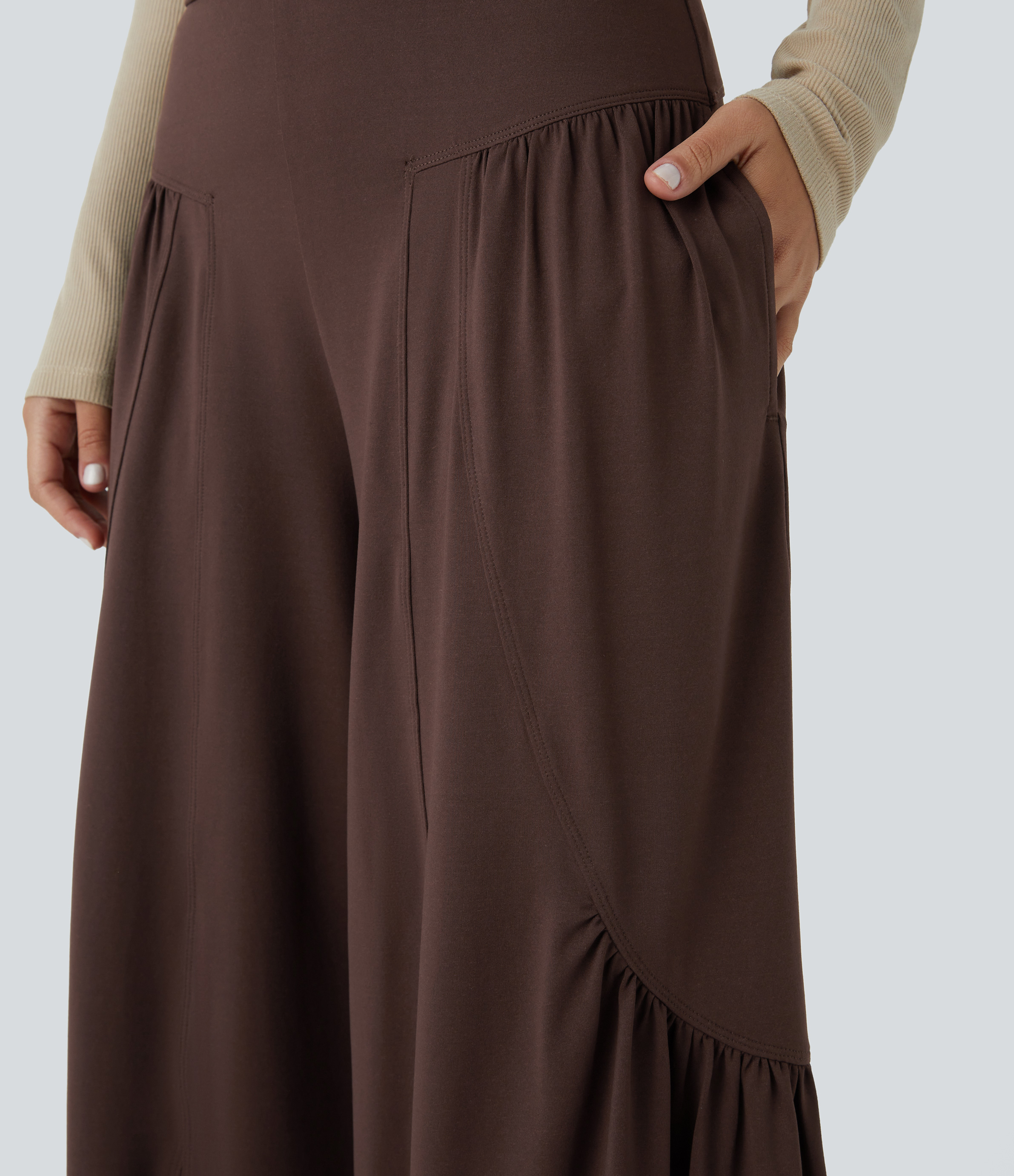 Halara Mid Rise Side Pocket Ruffle Hem Wide Leg Palazzo Casual Pants  - Chestnut - XS(regular) sweatpants jogger pants stacked sweatpants 