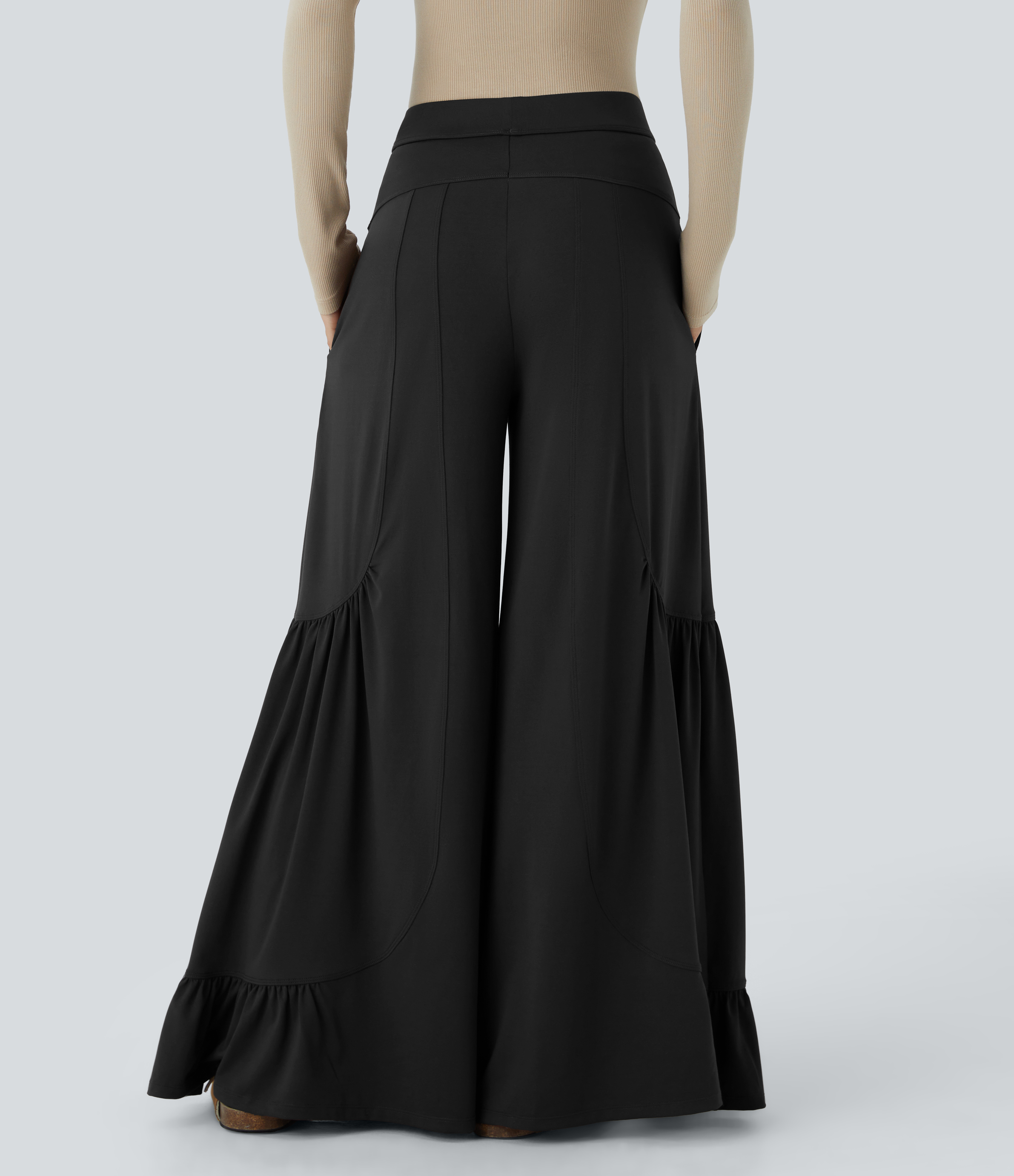 Halara Mid Rise Side Pocket Ruffle Hem Wide Leg Palazzo Casual Pants  - Black - S(regular) sweatpants jogger pants stacked sweatpants 