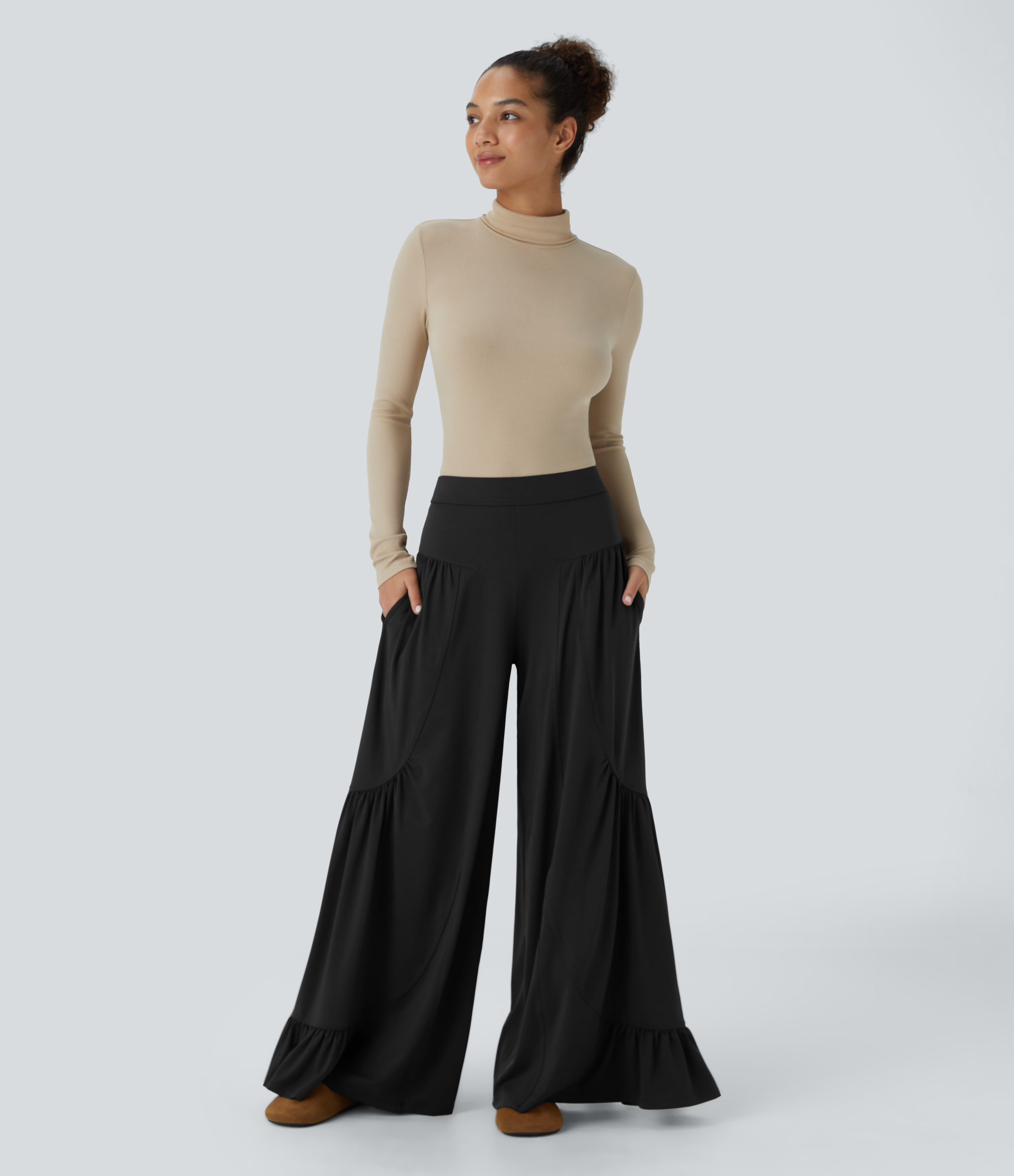 Halara Mid Rise Side Pocket Ruffle Hem Wide Leg Palazzo Casual Pants  - Black - S(regular) sweatpants jogger pants stacked sweatpants 