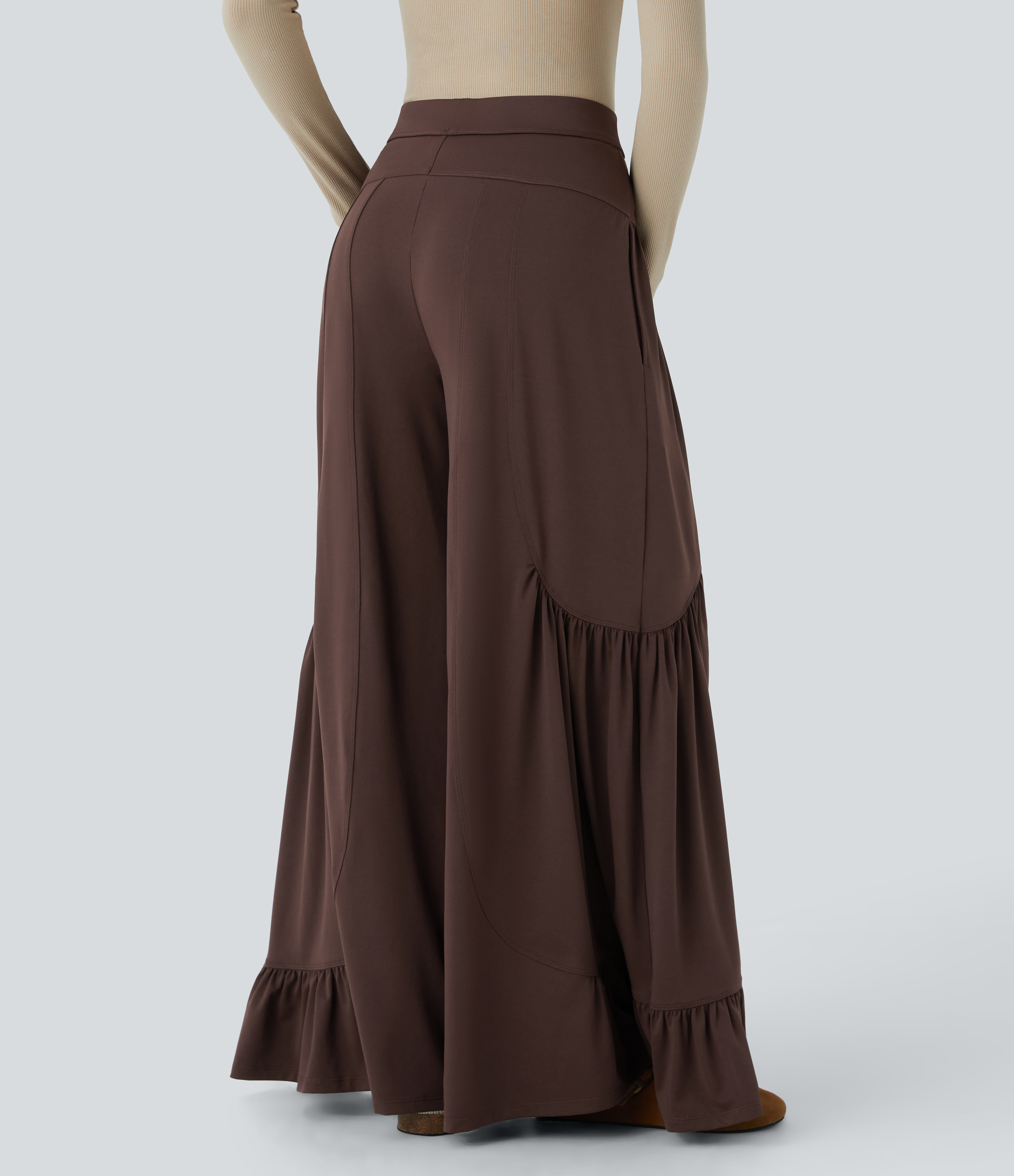 Halara Mid Rise Side Pocket Ruffle Hem Wide Leg Palazzo Casual Pants  - Chestnut - XS(regular) sweatpants jogger pants stacked sweatpants 