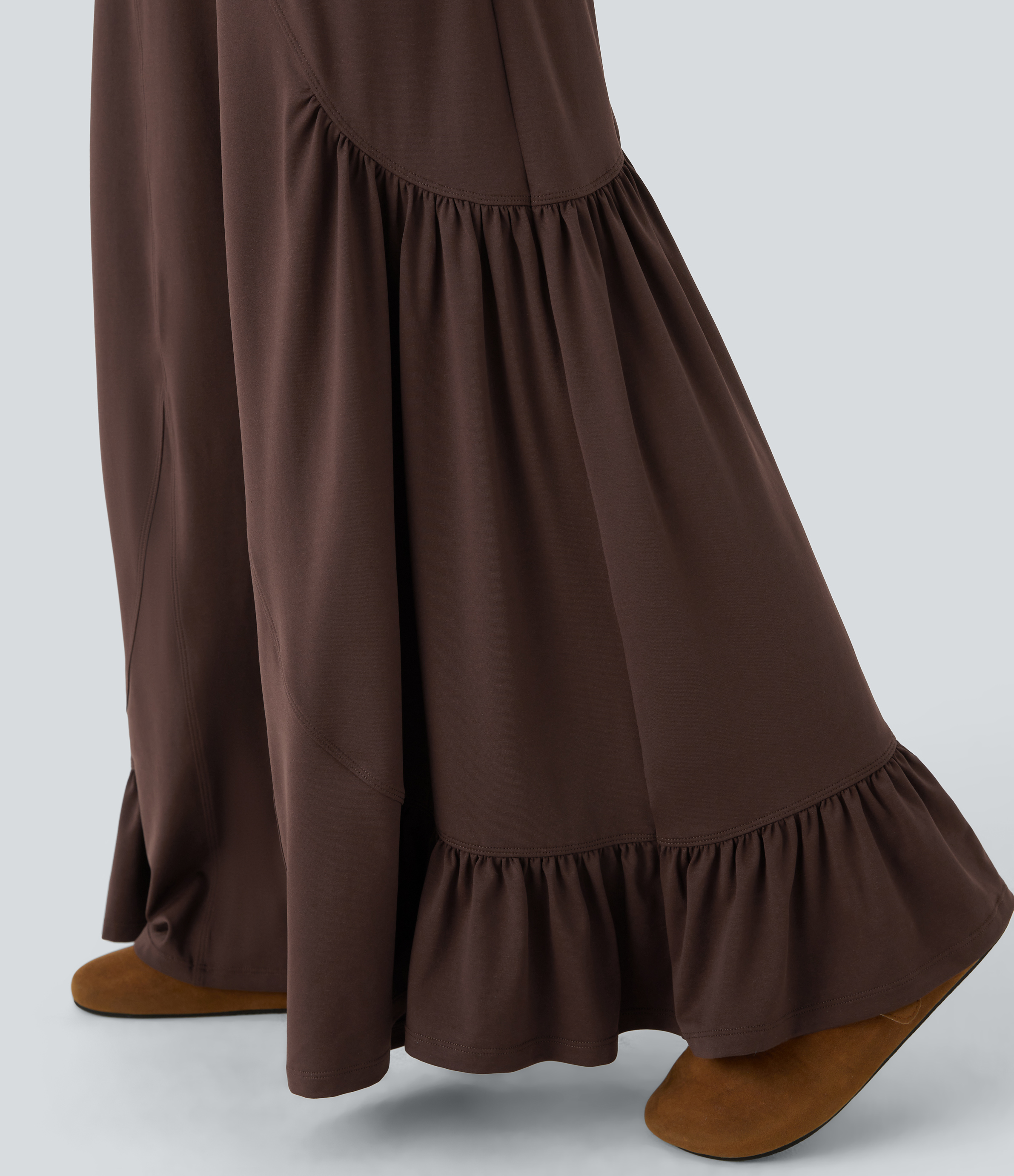 Halara Mid Rise Side Pocket Ruffle Hem Wide Leg Palazzo Casual Pants  - Chestnut - XS(regular) sweatpants jogger pants stacked sweatpants 