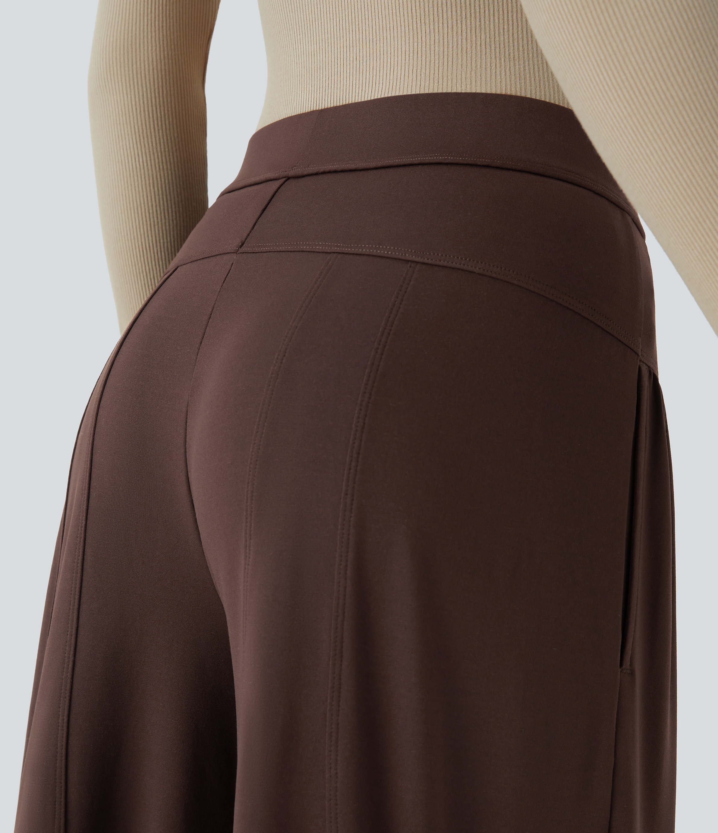 Halara Mid Rise Side Pocket Ruffle Hem Wide Leg Palazzo Casual Pants  - Chestnut - XS(regular) sweatpants jogger pants stacked sweatpants 
