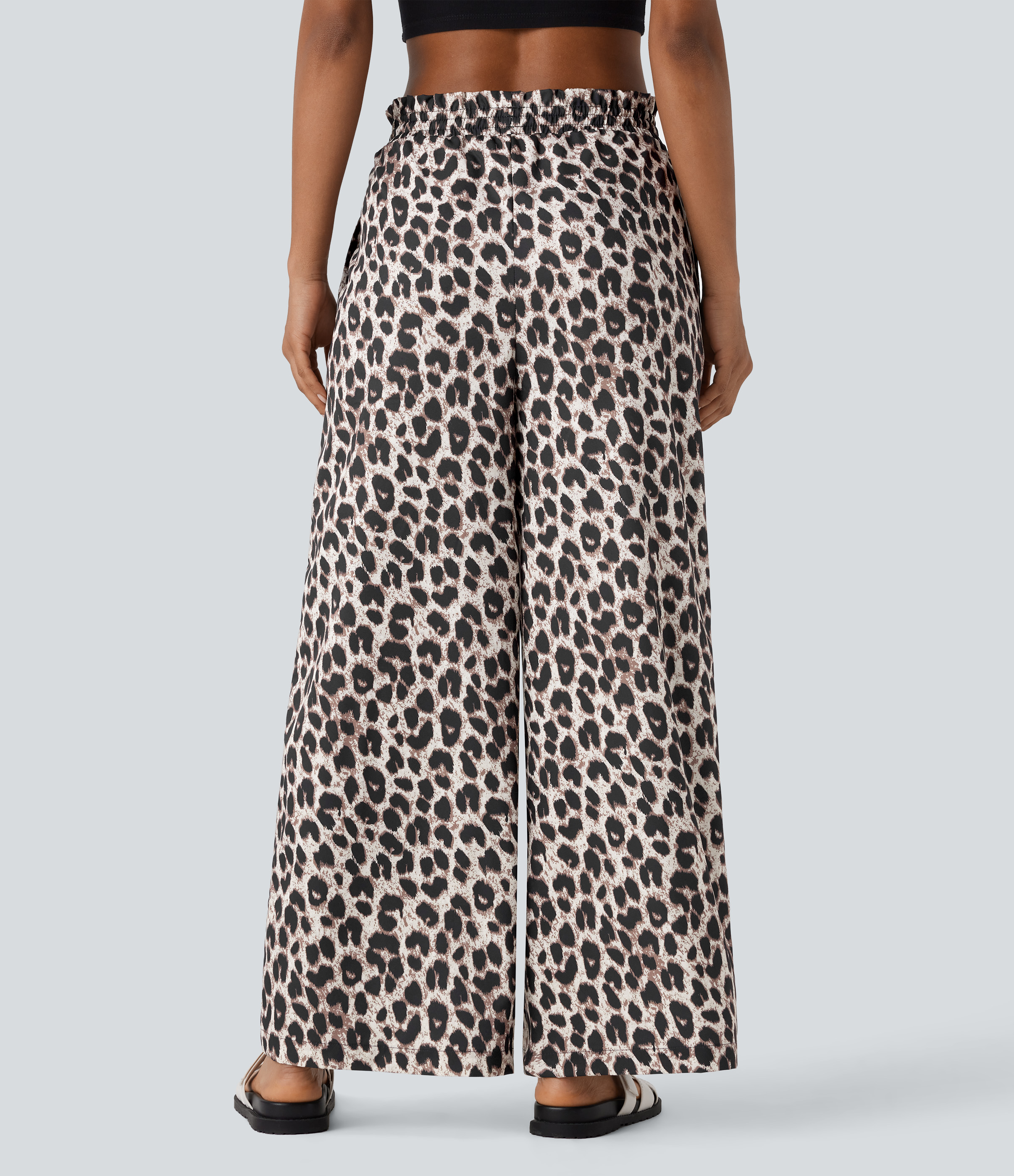 Halara High Waisted Drawstring Side Pocket Leopard Print Wide Leg Casual Pants  - Gold Leopard Print - XS(regular) sweatpants jogger pants 