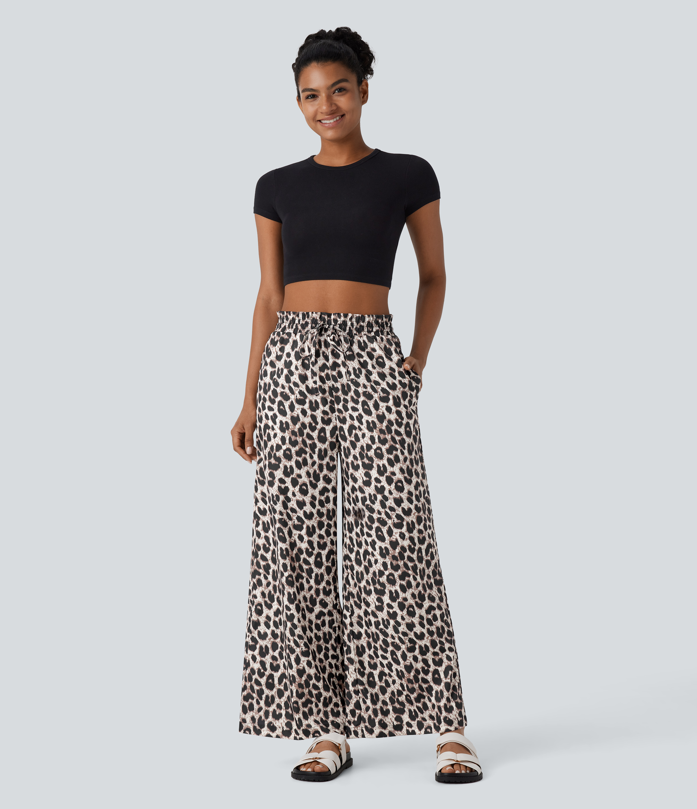 Halara High Waisted Drawstring Side Pocket Leopard Print Wide Leg Casual Pants  - Gold Leopard Print - XS(regular) sweatpants jogger pants 
