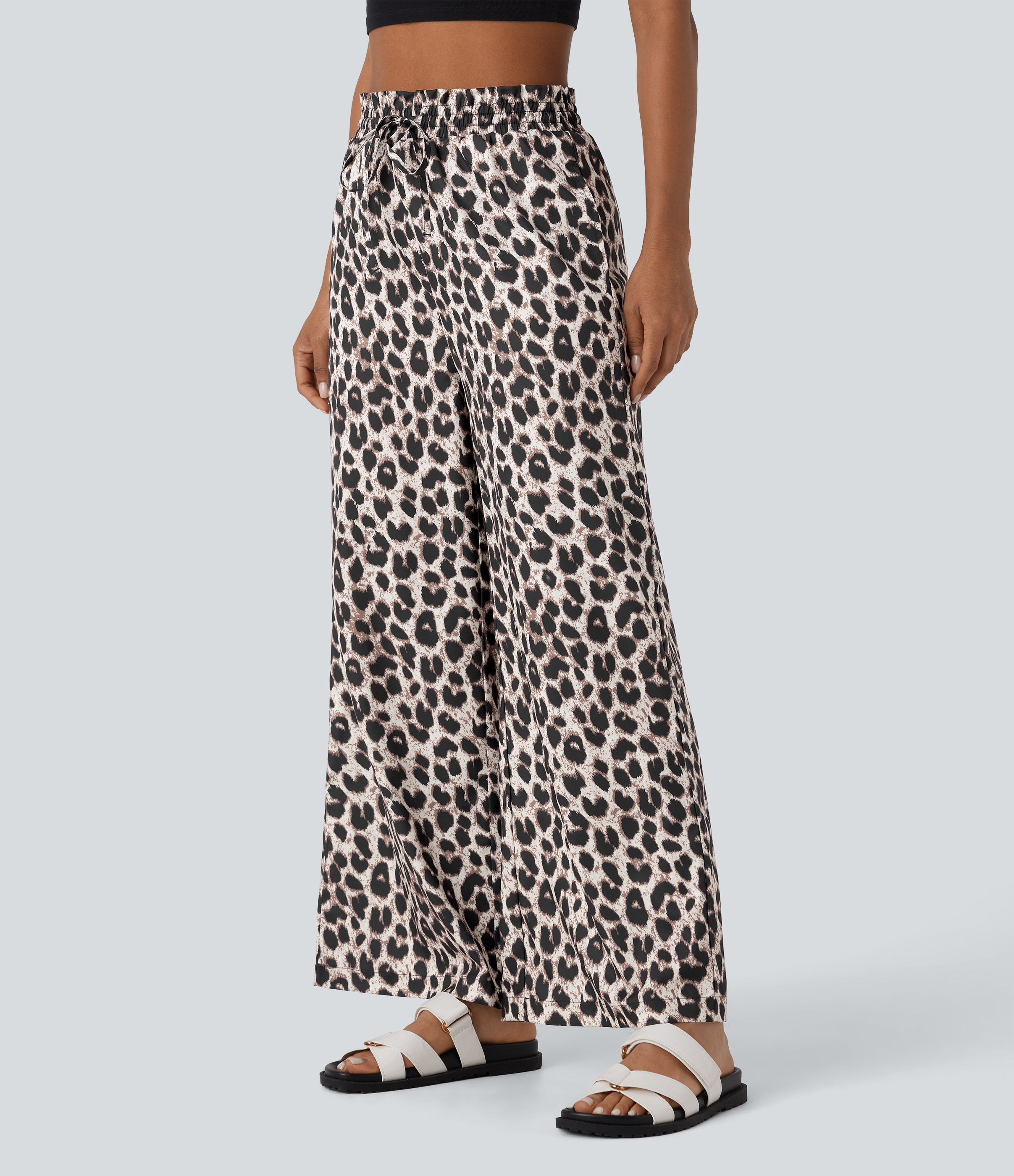 Halara High Waisted Drawstring Side Pocket Leopard Print Wide Leg Casual Pants  - Gold Leopard Print - XS(regular) sweatpants jogger pants 