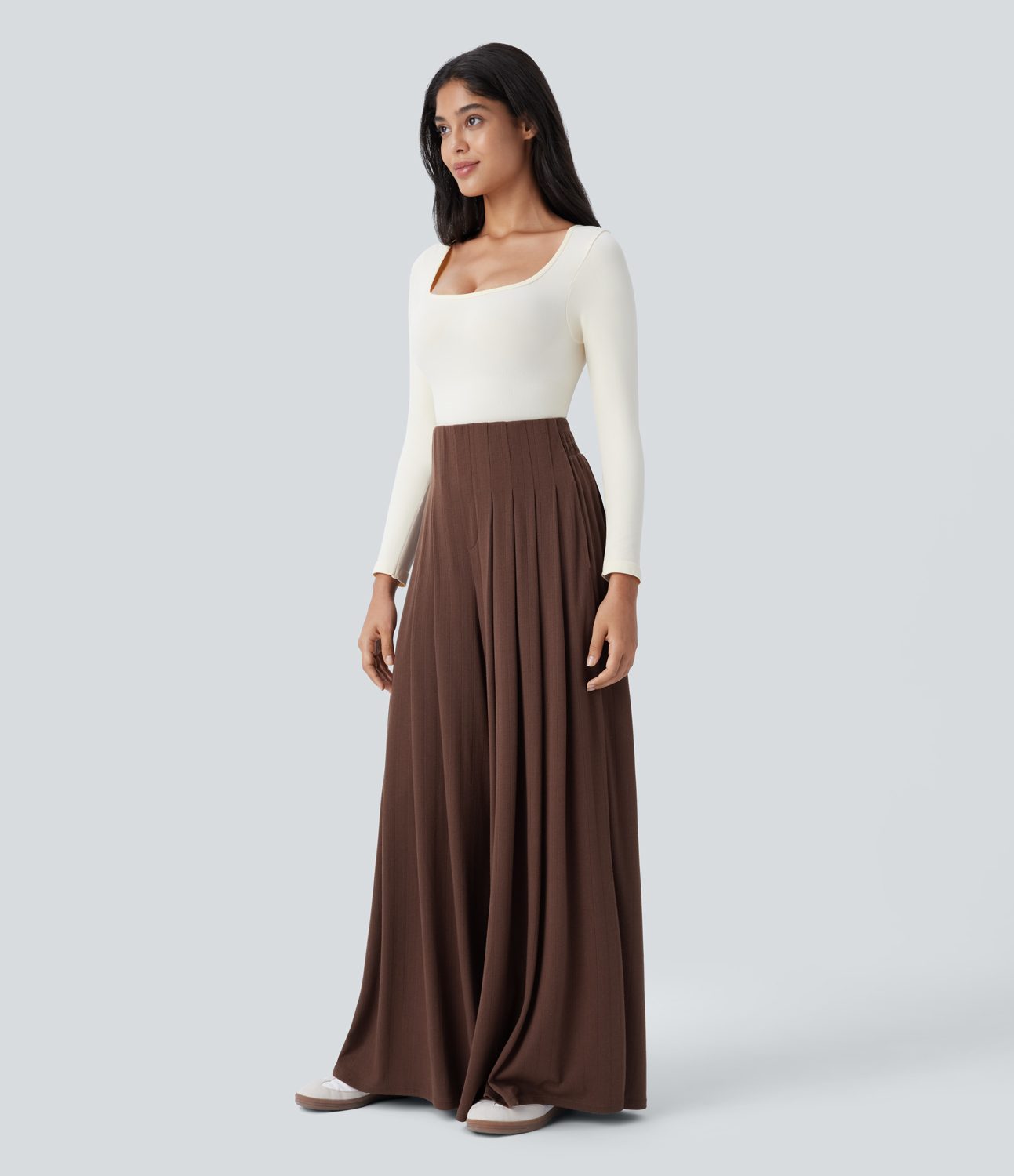 Halara High Waisted Pleated Side Pocket Flowy Wide Leg Casual Pants  - Chocolate Fondant - XL(regular) sweatpants jogger pants 